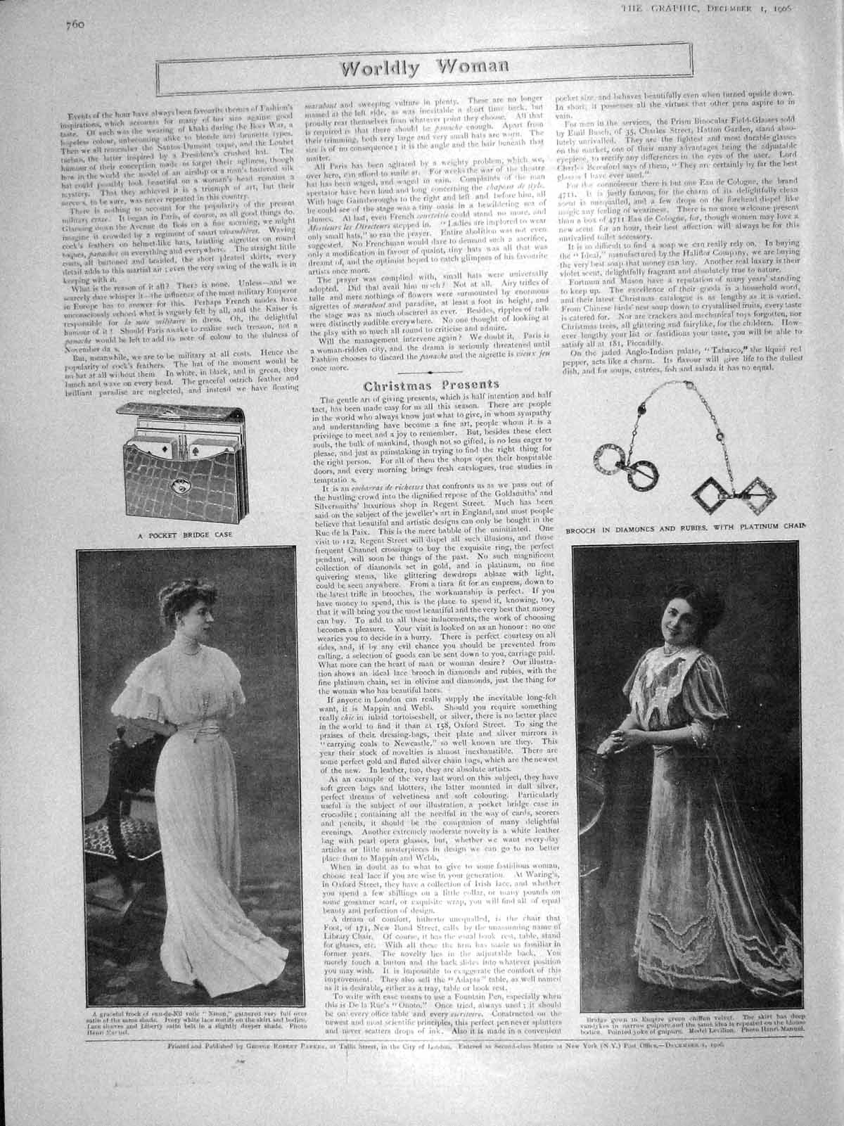 Original Old Antique Print 1906 Ladies Fashion Bridge Gown Green Velvet Frock