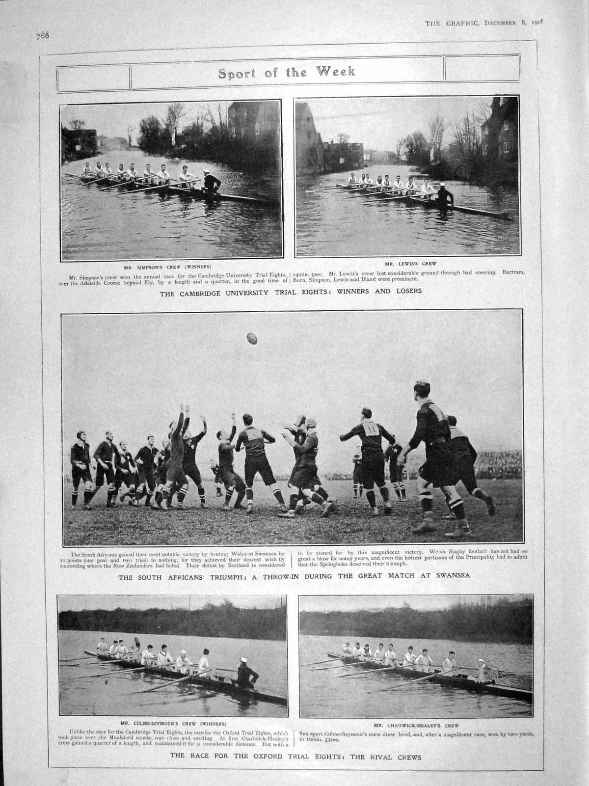 Old Antique Print 1906 Cambridge Oxford Boat Race Rugby King Italy Loubet 20th