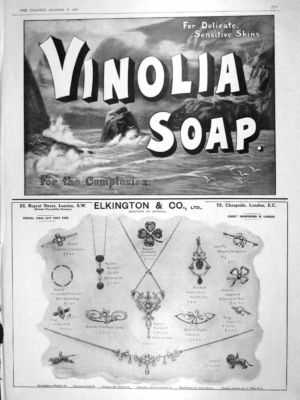 Original Old Antique Print 1906 Advertisement Vinolia Soap Elkington Diamonds