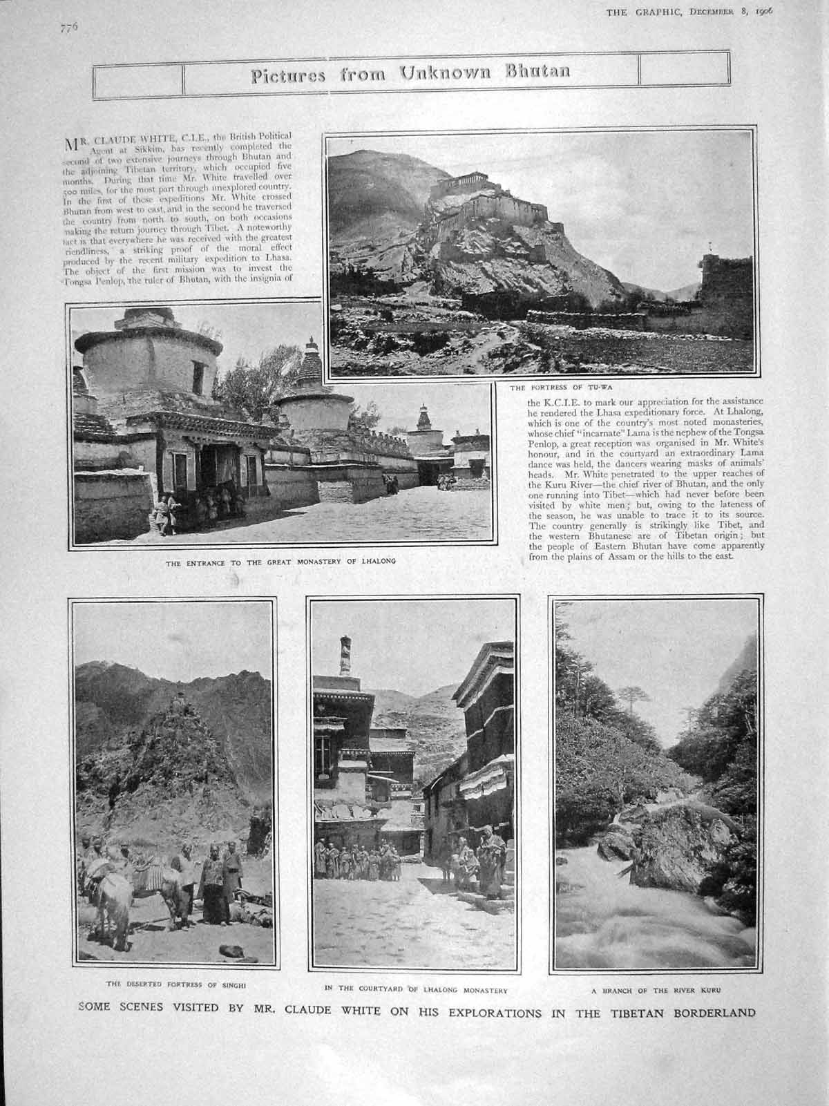 Old Antique Print 1906 Bhutan Monastery Lhalong Tu-Wa White Batternberg 20th