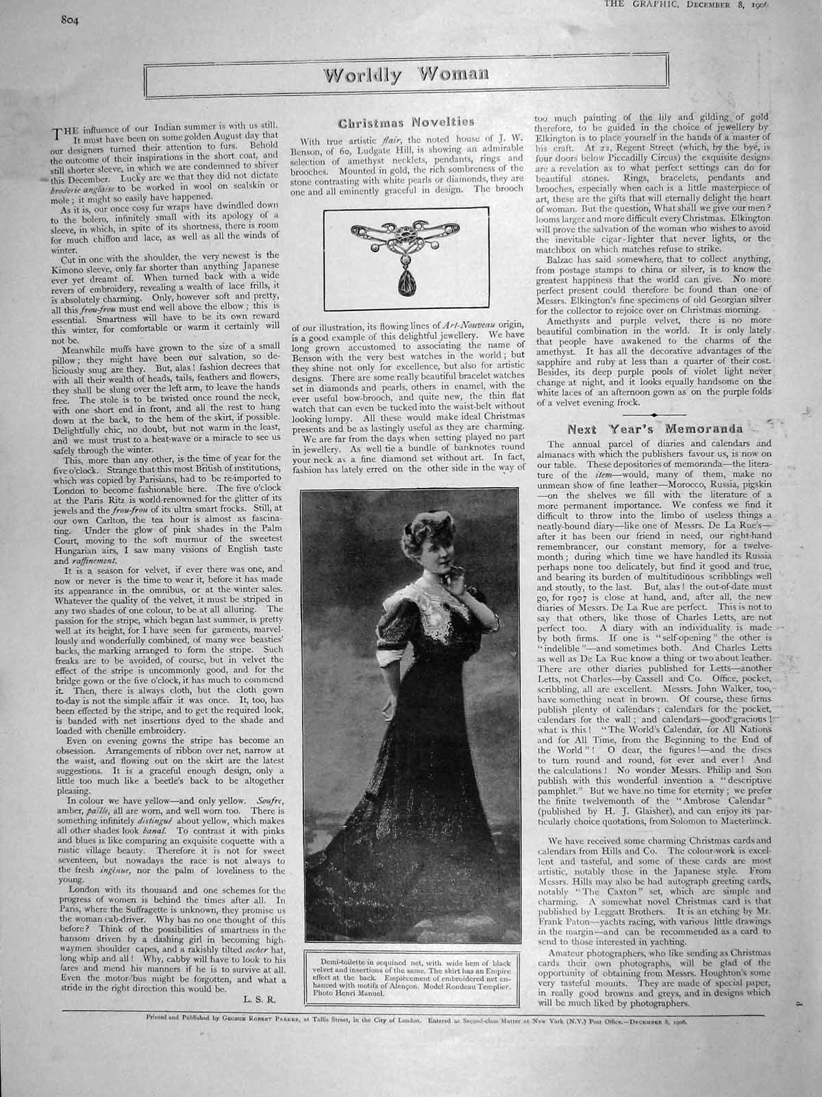 Old Antique Print 1906 Ladies Fashion Demi-Toilette Velvet Alencon Manuel 20th