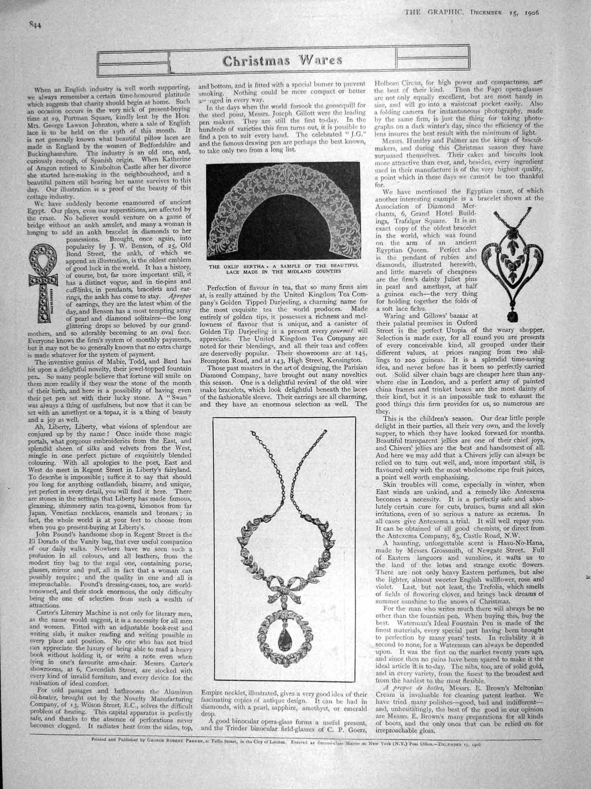 Old Antique Print 1906 Oxlip Bertha Lace Jewellery Wrights Coal Tar Soap 20th