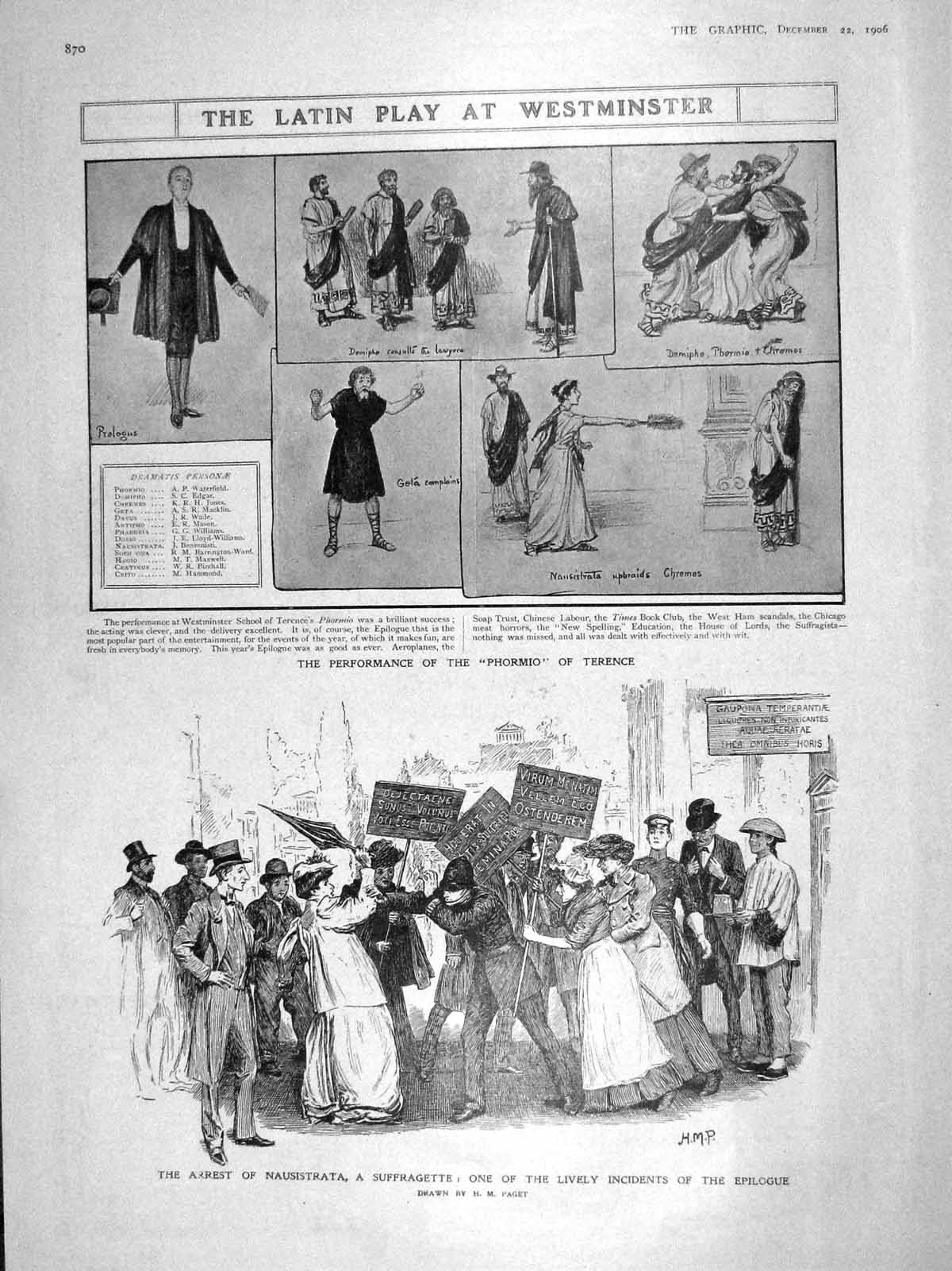 Old Antique Print 1906 Phormio Westminster Nausistrata Suffragette Ship 20th