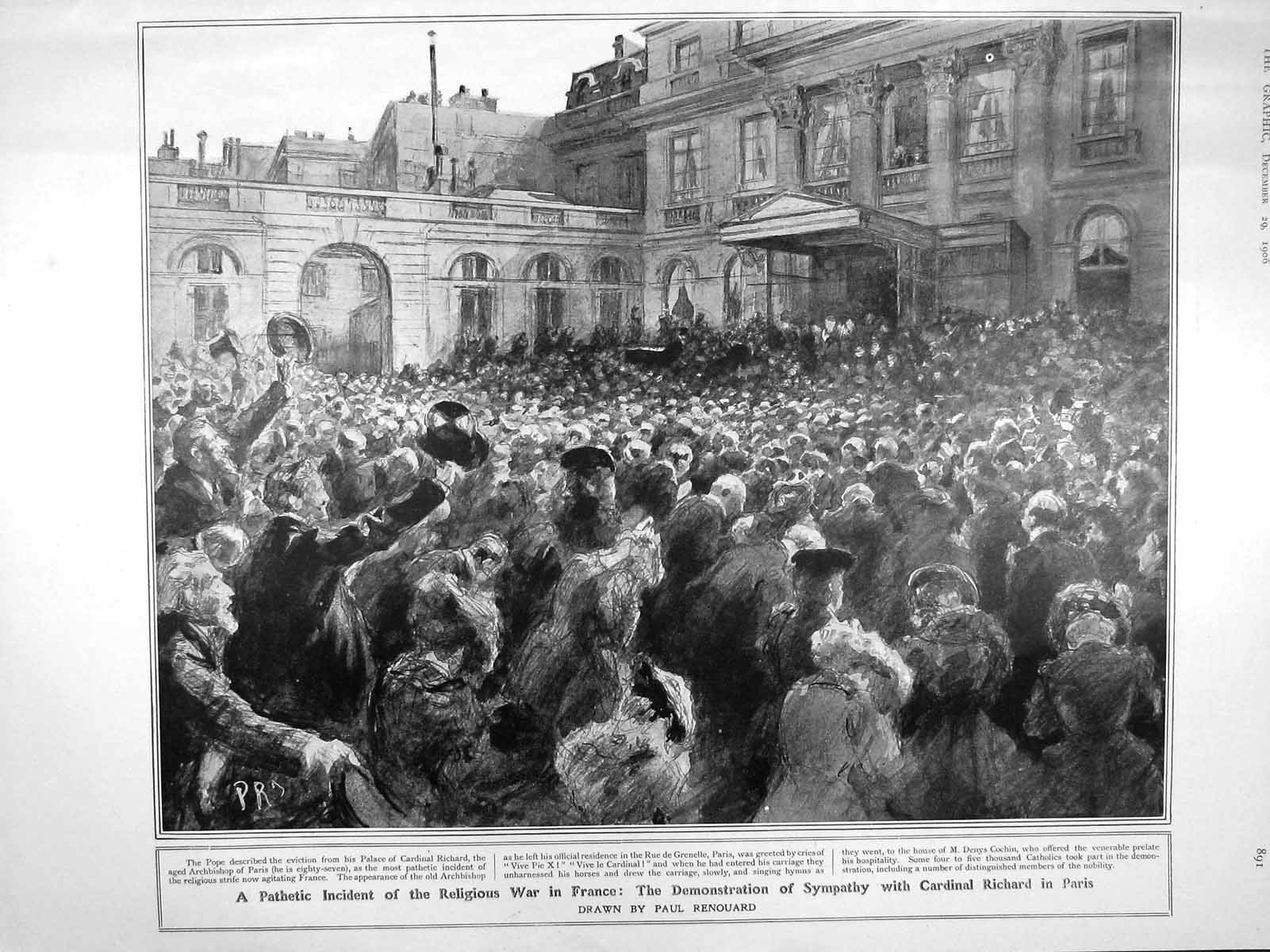 Original Old Antique Print 1906 Religious War France Cardinal Richard France