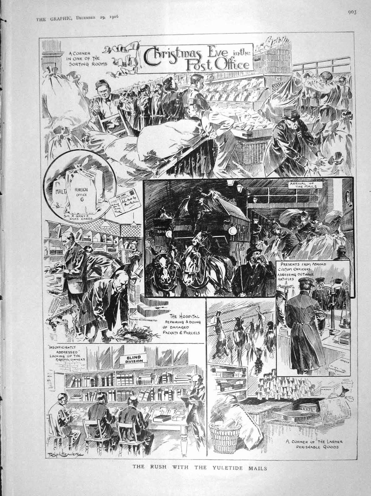 Original Old Antique Print 1906 Christmas Mail Post Office Birrell Churchill