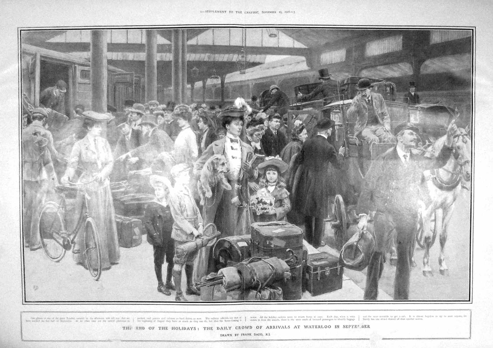 Old Antique Print 1906 Holiday Tourists Waterloo Train Station Railway 20th