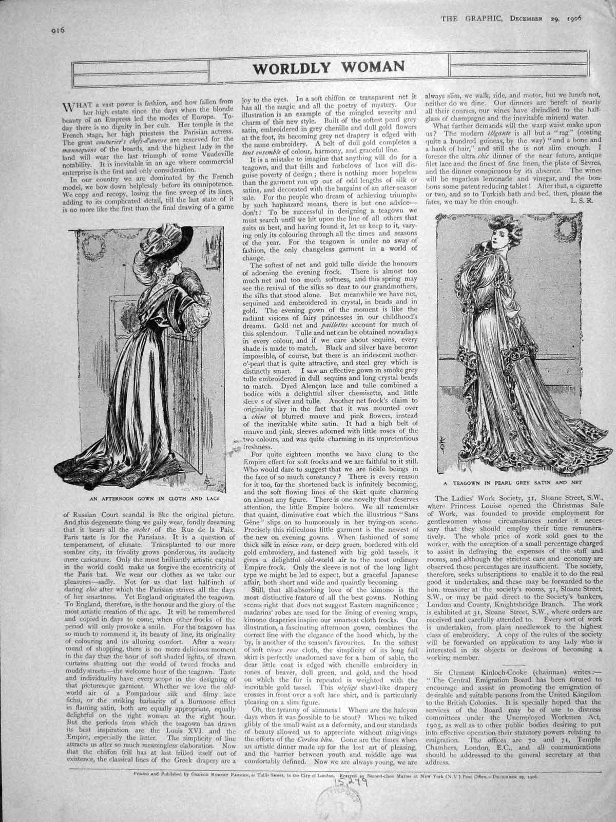 Old Antique Print 1906 Ladies Fashion Gown Teagown Satin Wilkinson Razor 20th