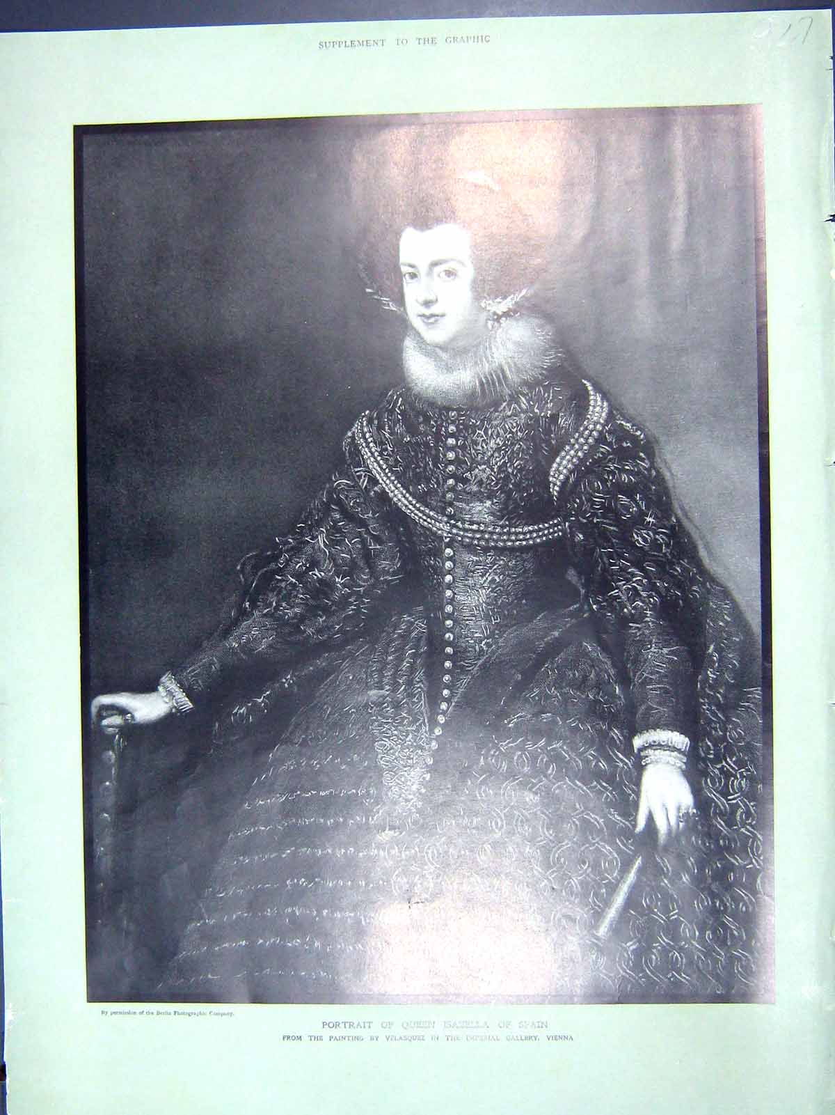 Original Old Antique Print 1906 Portrait Queen Isabella Spain Velasquez 20th