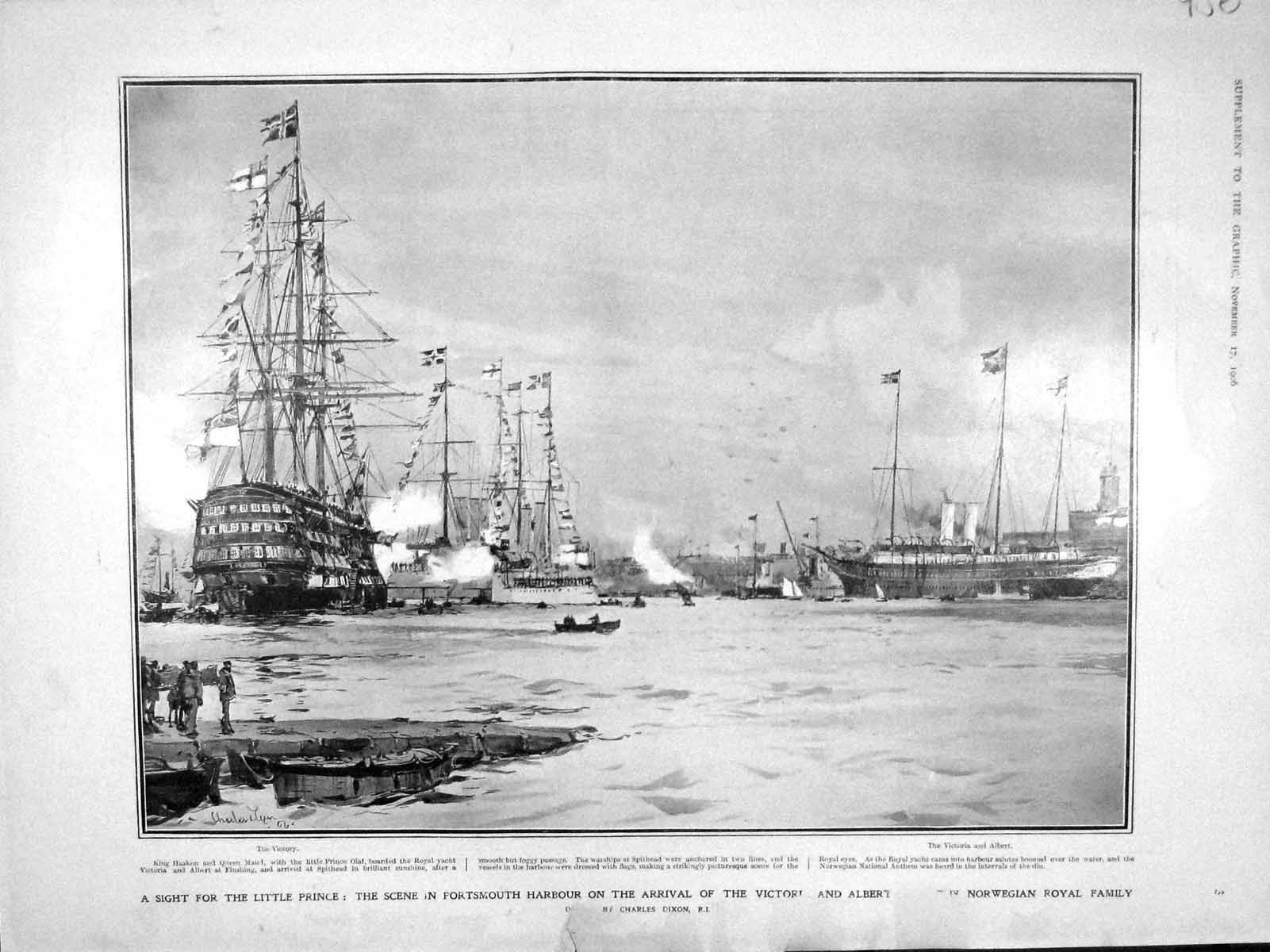 Original Old Antique Print 1906 Victoria Albert Ship Norway Royal Family Haakon