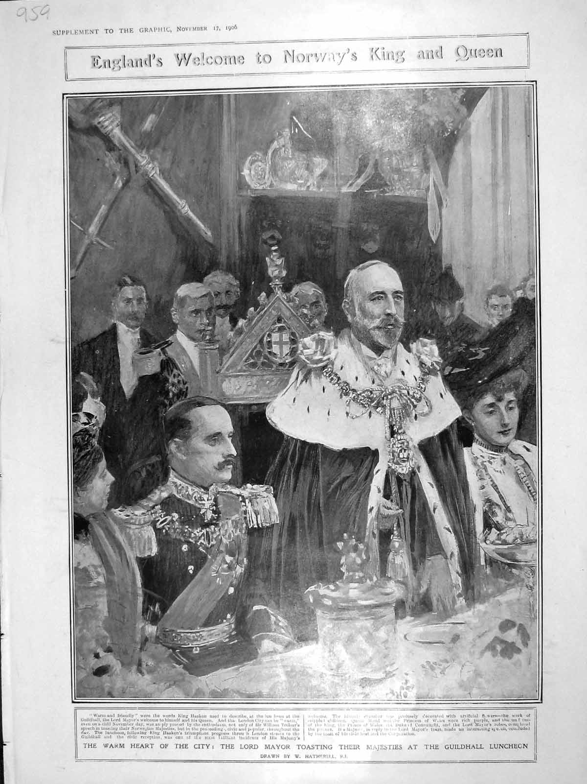 Old Antique Print 1906 Lord Mayor King Norway Olaf Guildhall Edward Queen 20th
