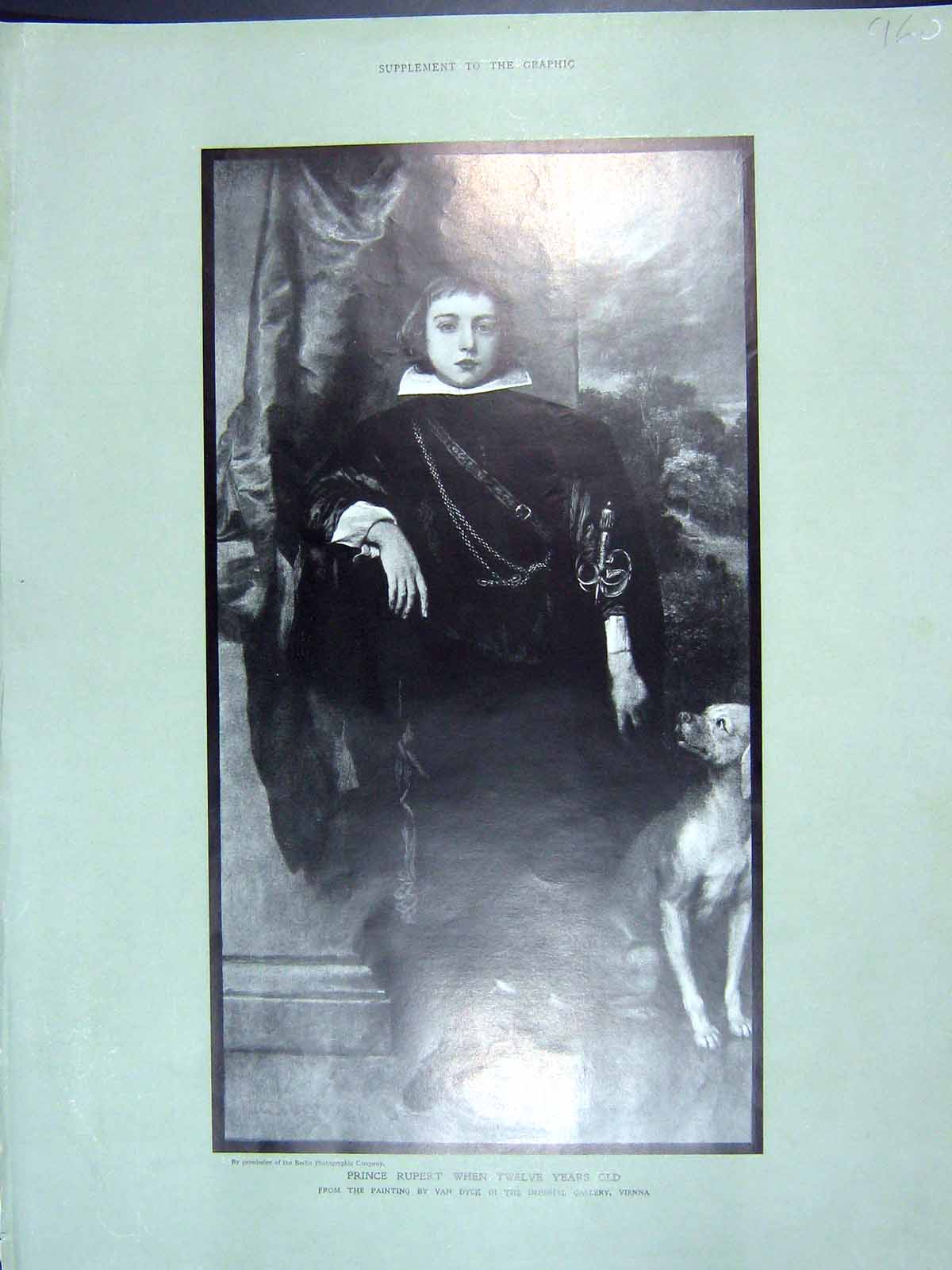Original Old Antique Print 1906 Portrait Prince Rupert Twelve Years Pet Dog