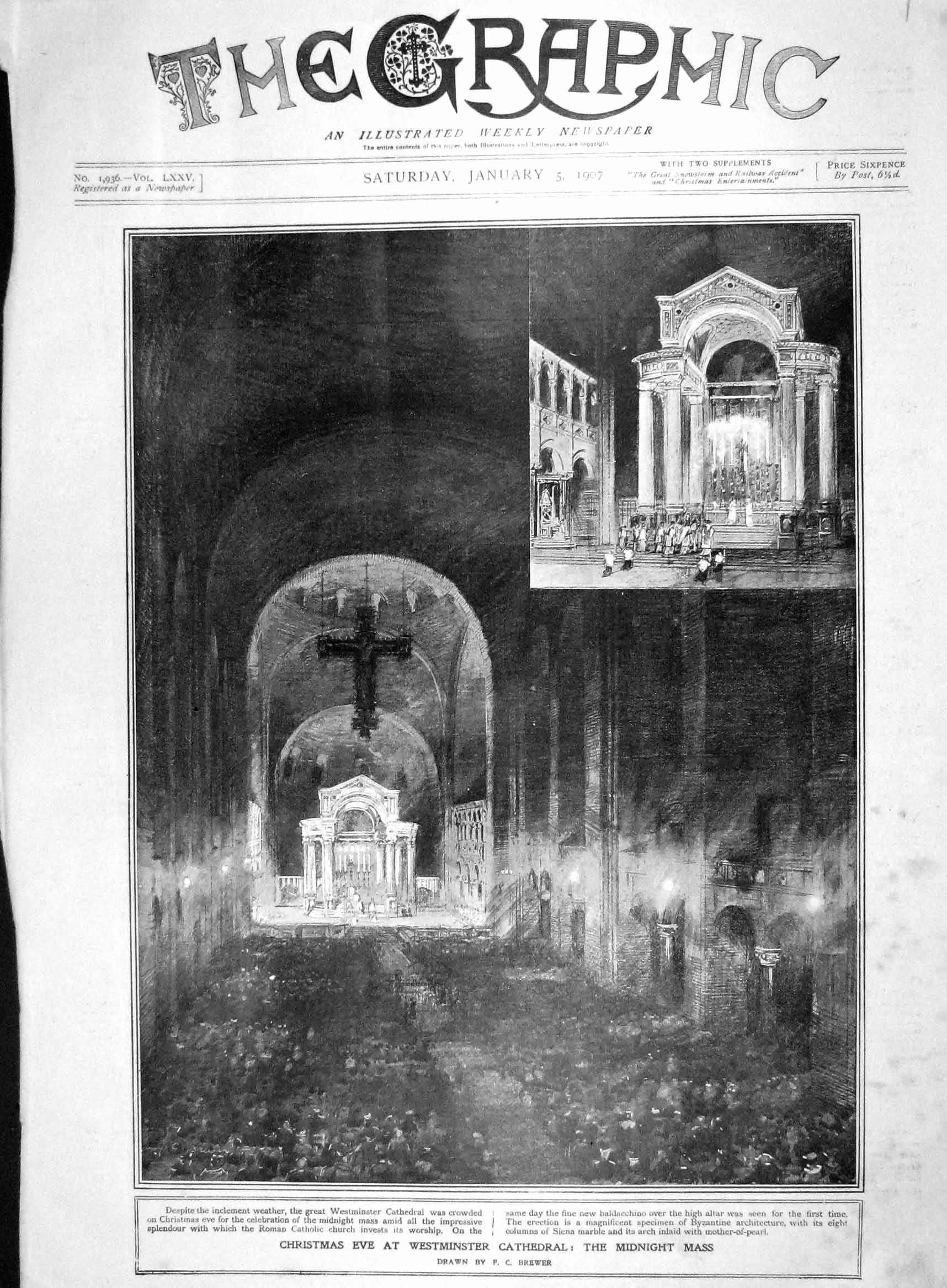 Old Antique Print 1907 Midnight Mass Christmas Eve Westminster Cathedral 20th