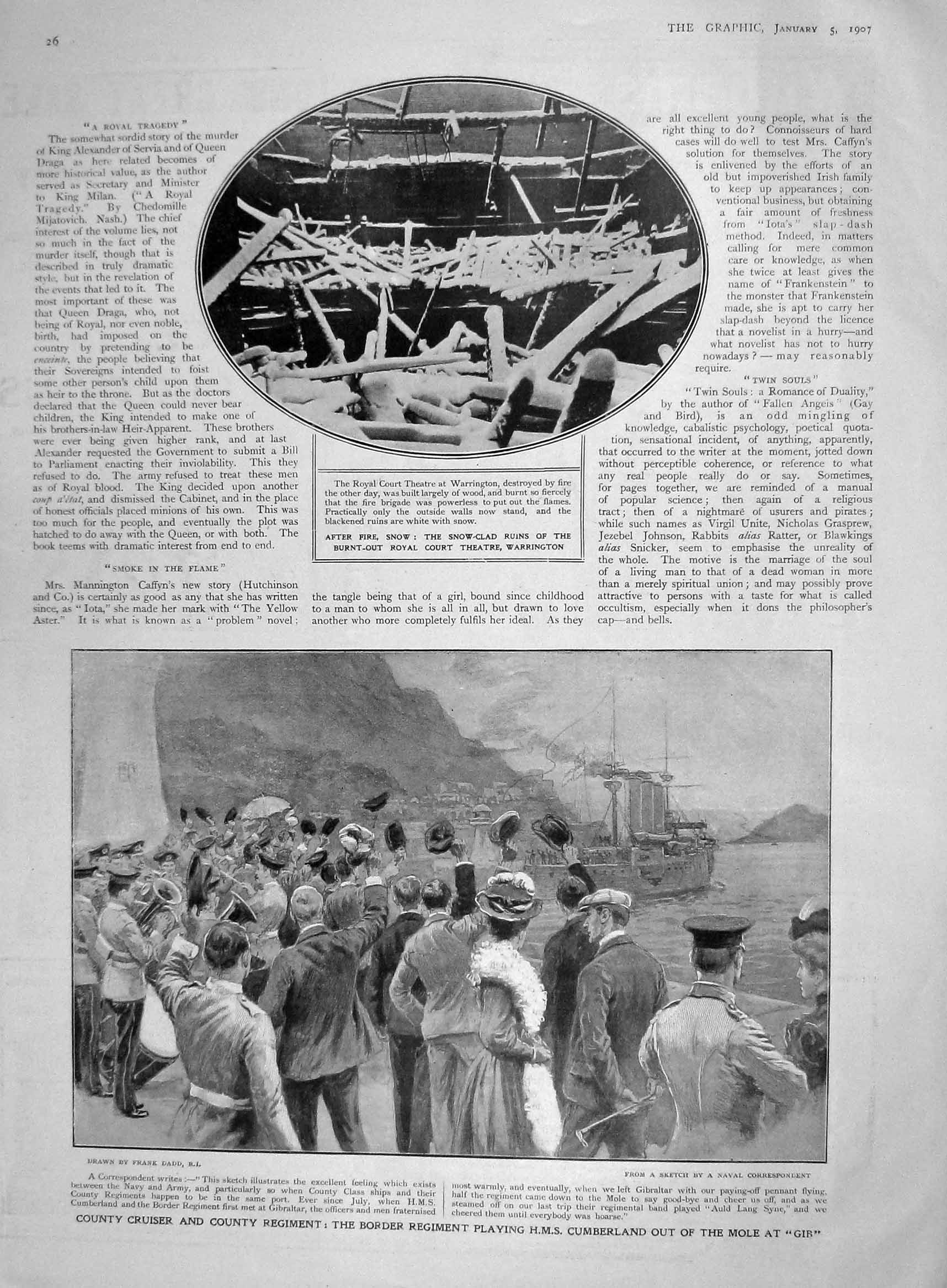 Original Old Antique Print 1907 Ship Cumberland Border Regiment Theatre War 20th