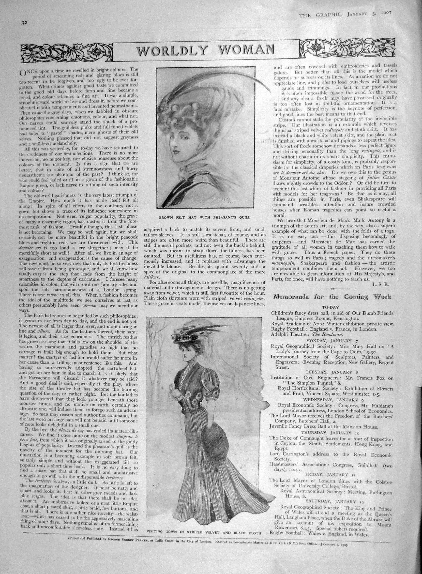 Old Antique Print 1907 Brown Felt Hat Pheasants Quill Gown Velvet Fashion 20th