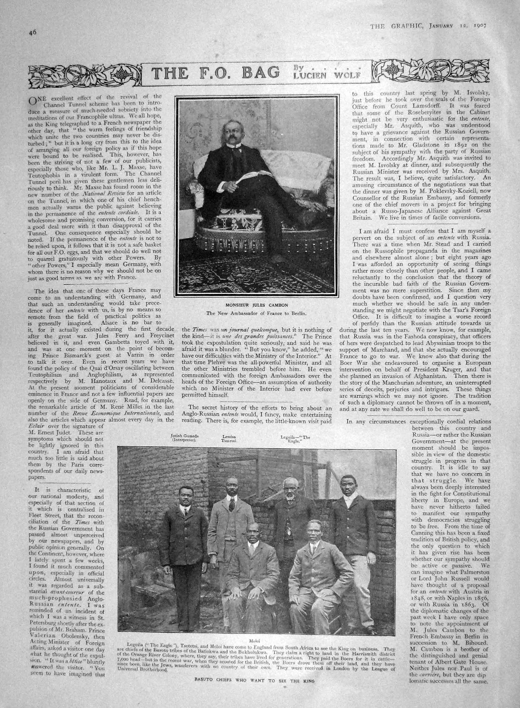 Old Antique Print 1907 Monsieur Cambon Basuto Chiefs Eliza Stevens Lady 20th
