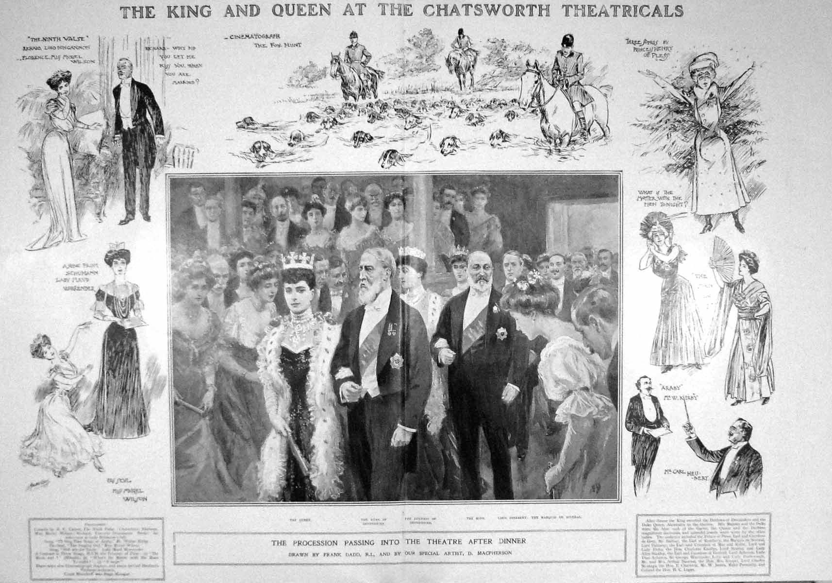 Original Old Antique Print 1907 King Queen Chatsworth Theatre Roseberry 20th