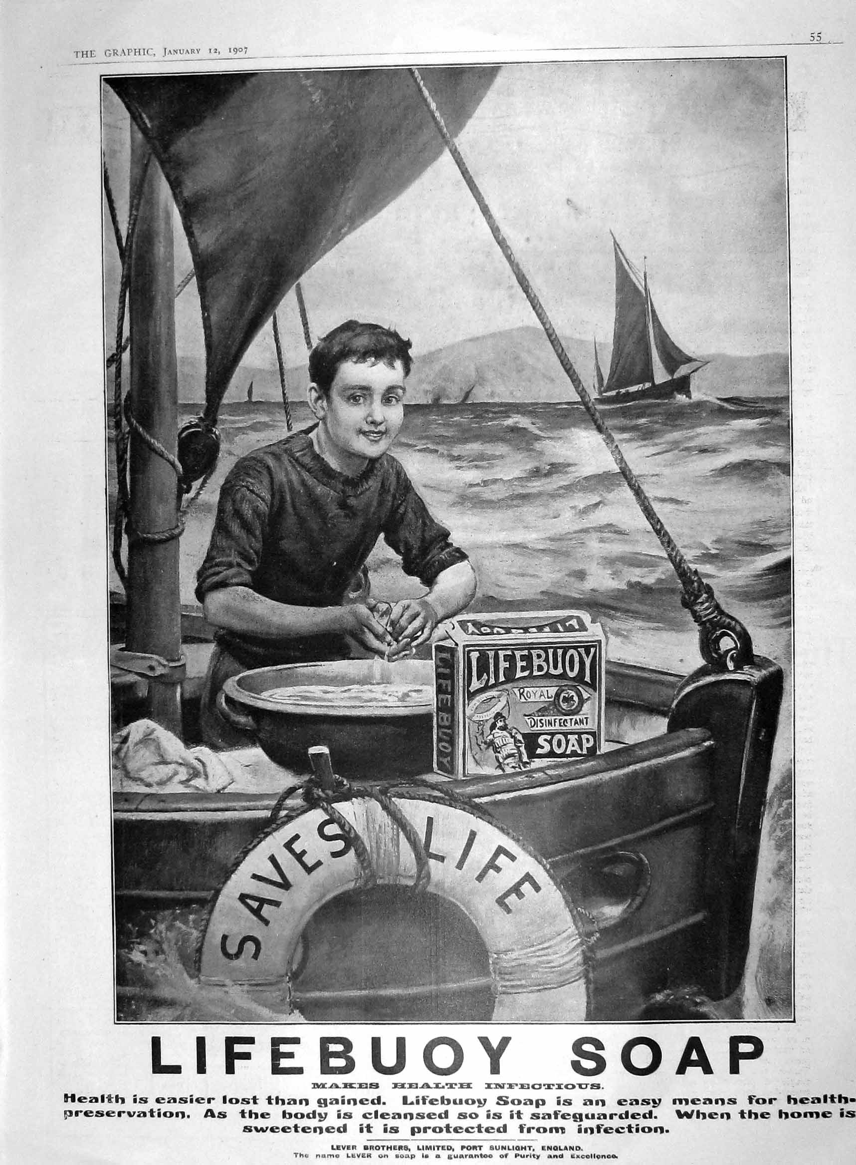 Original Old Antique Print 1907 Advertisement Lifebuoy Soap Lever Brothers 20th