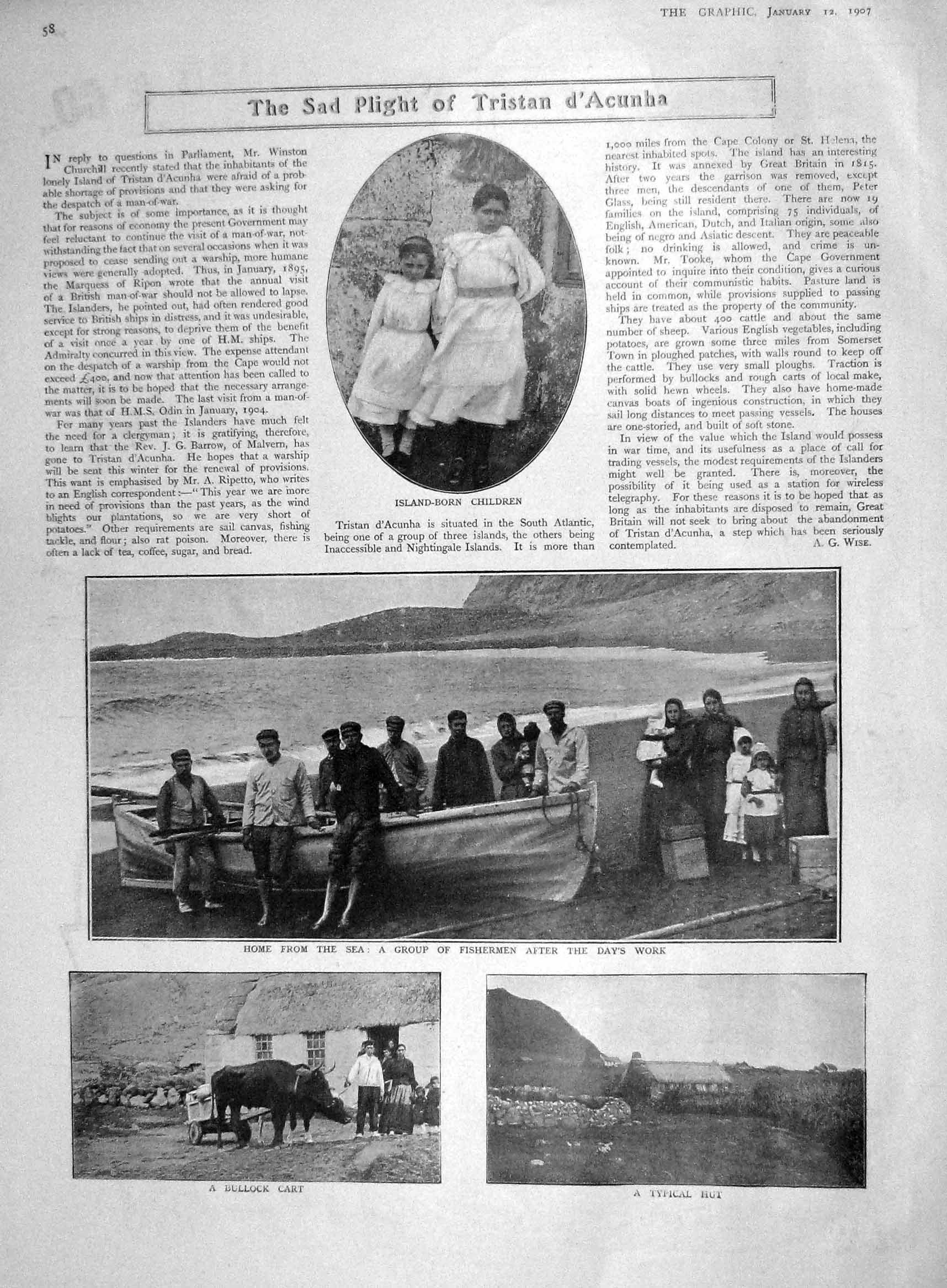 Original Old Antique Print 1907 Tristan Da Cunha Children Atlantic Maria 20th