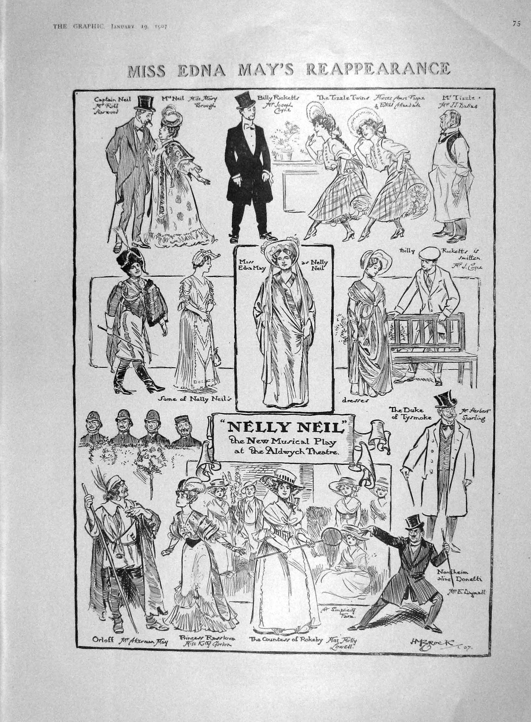 Old Antique Print 1907 Nelly Neil Aldwych Theatre Abruzzi Hastings Nevill 20th