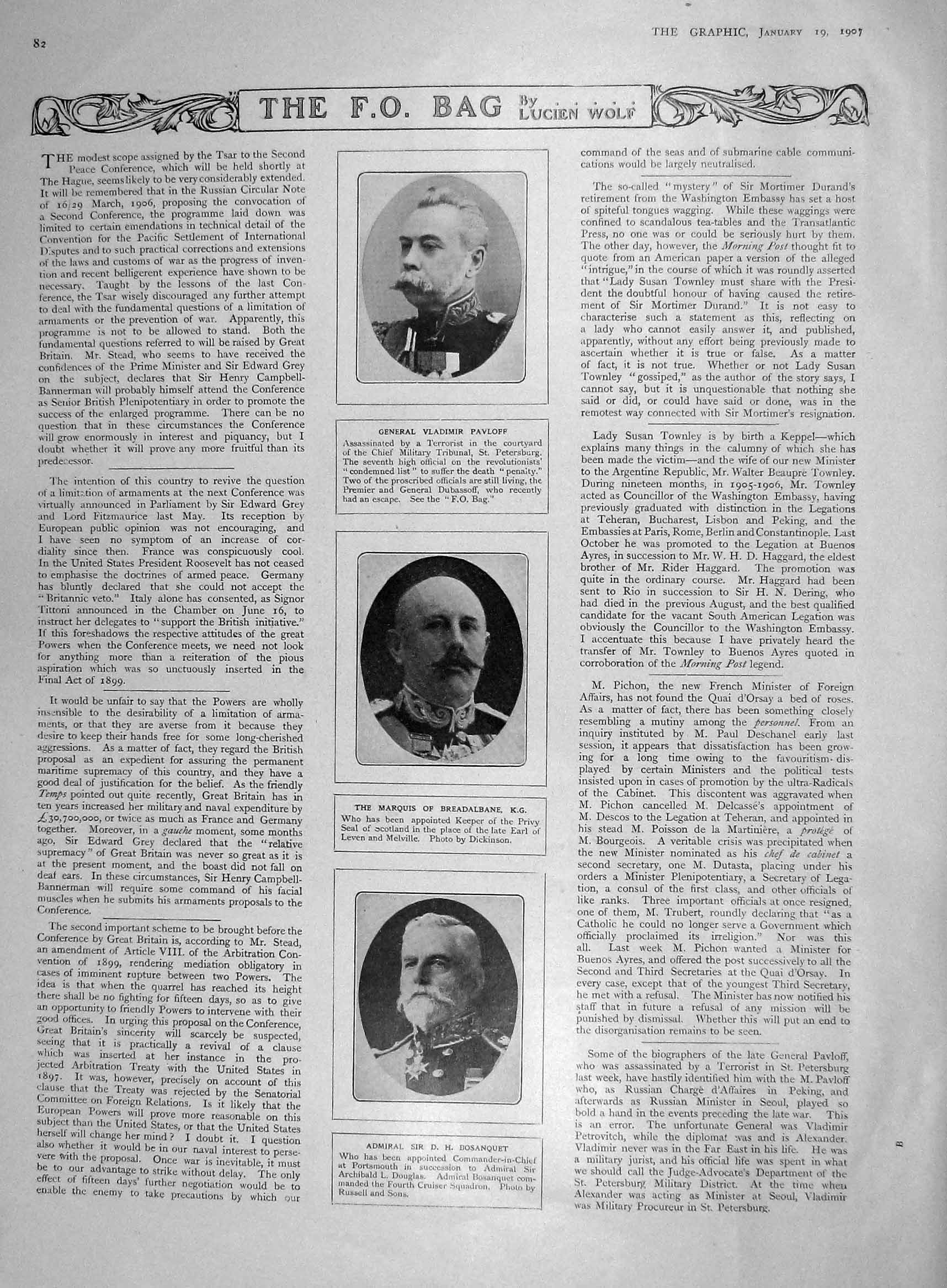 Original Old Antique Print 1907 General Pavloff Marquis Breadalbane Bosanquet