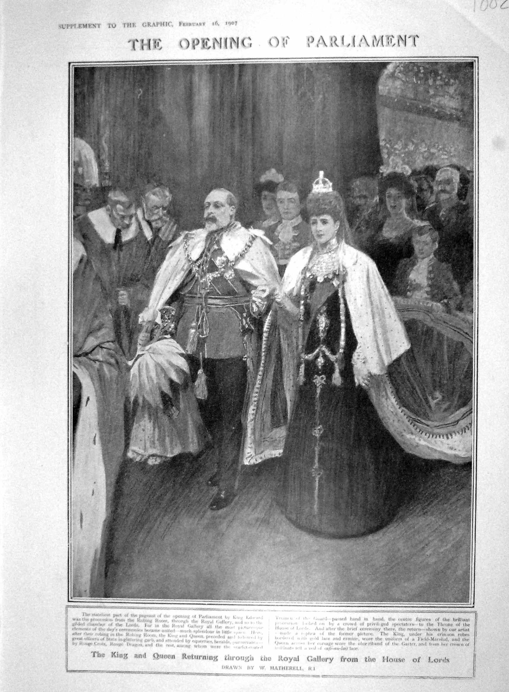 Old Antique Print 1907 King Royal Gallery House Lords Parliament Tower 20th