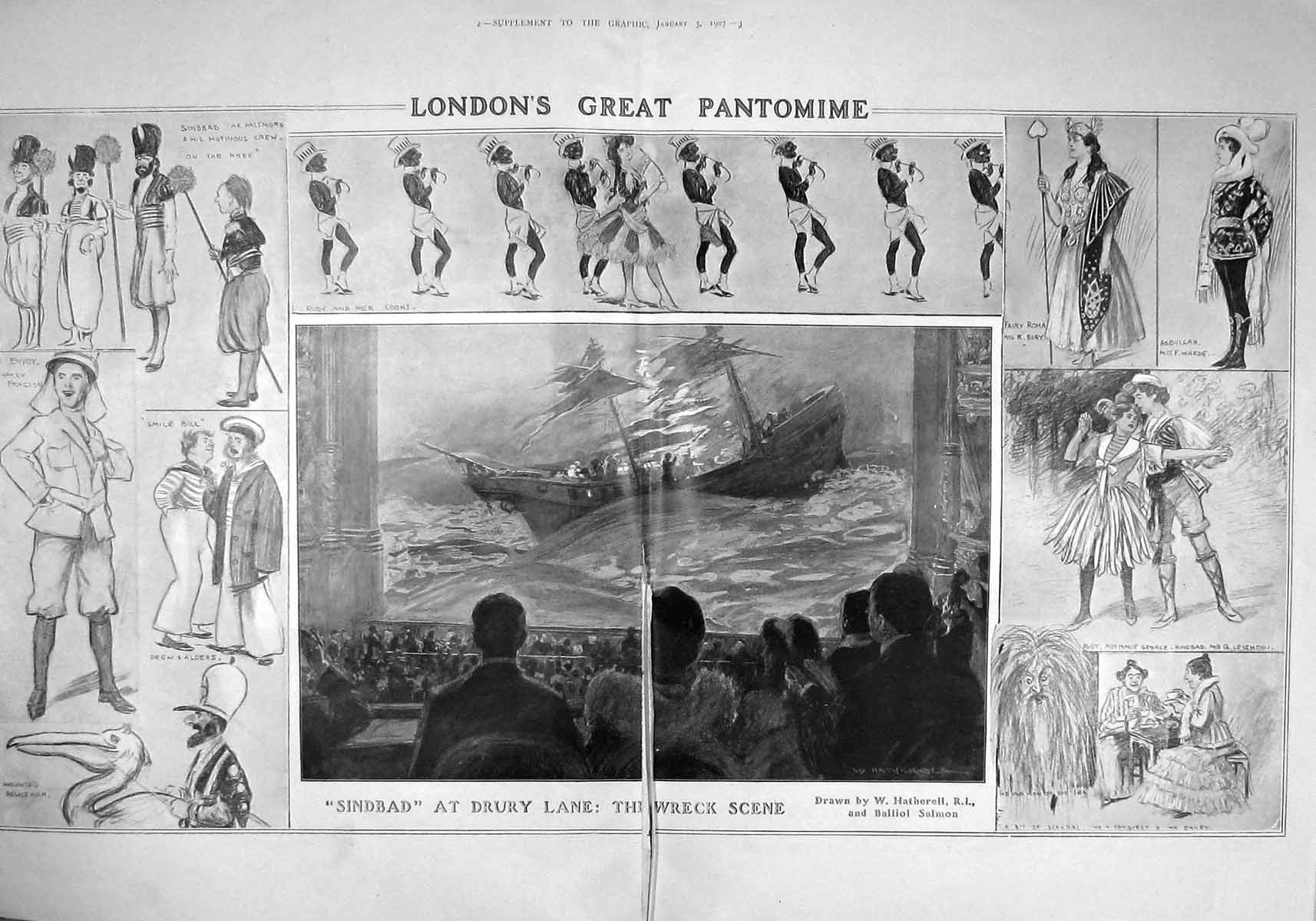 Original Old Antique Print 1907 Pantomime Drury Lane Theatre Sinbad Warde Bury