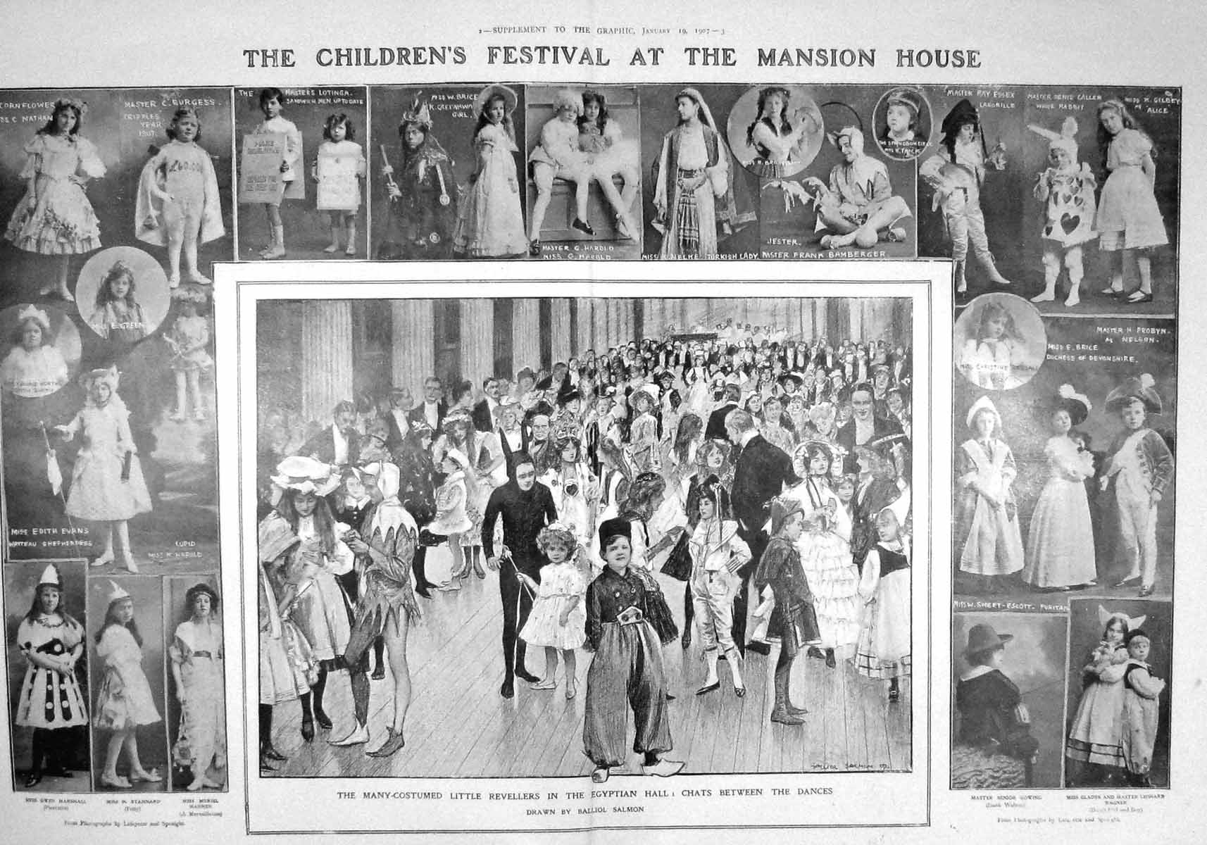 Original Old Antique Print 1907 Children Fancy Dress Mansion House HarBurgess