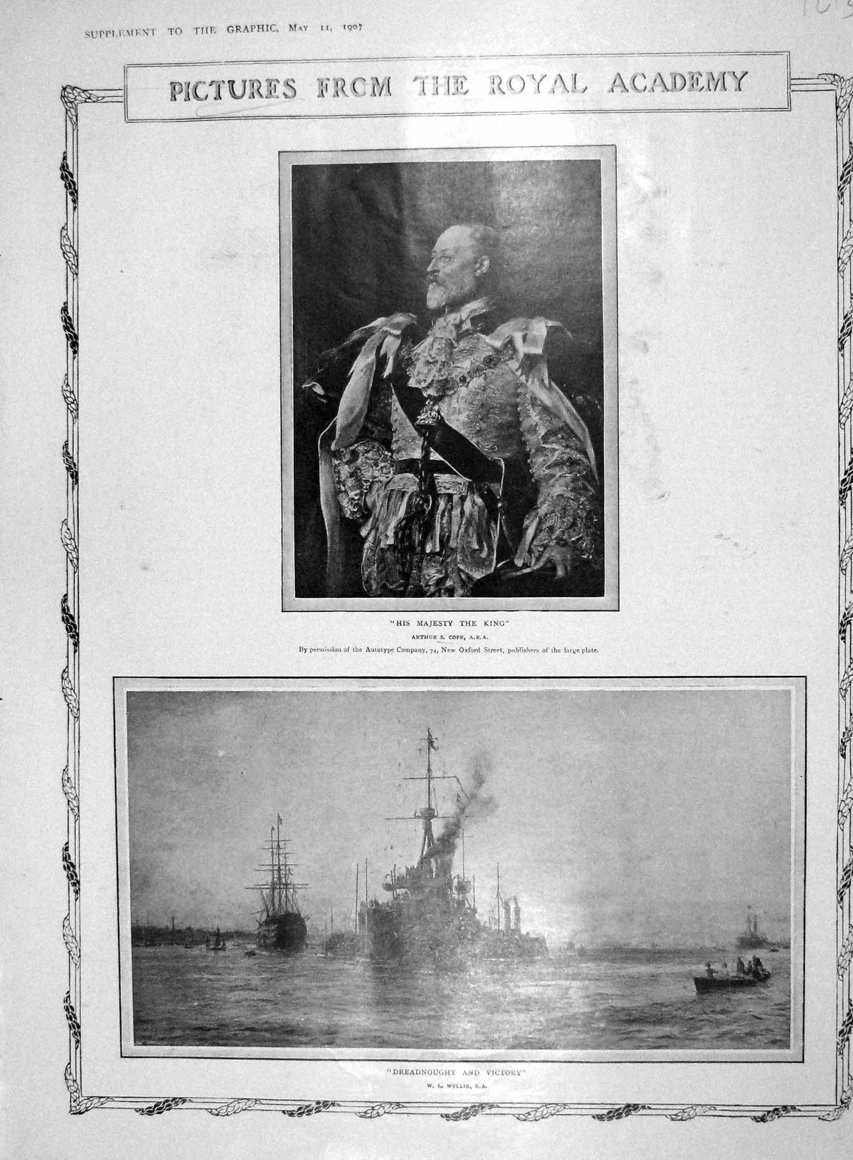 Antique Old Print 1907 Royal Academy Art Dreadnought Ship King Lady Bergh 20th
