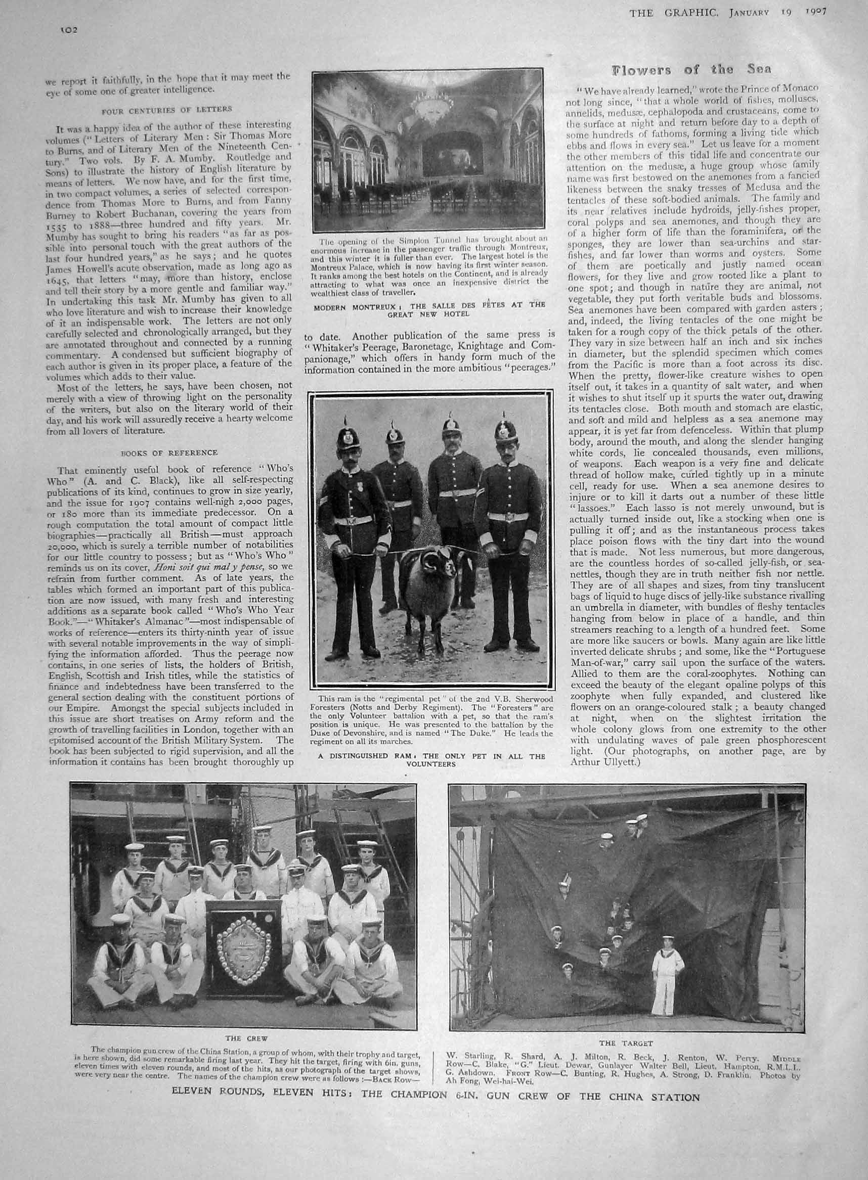 Original Old Antique Print 1907 Salle Des Fetes Hotel Gun Crew Ship China 20th