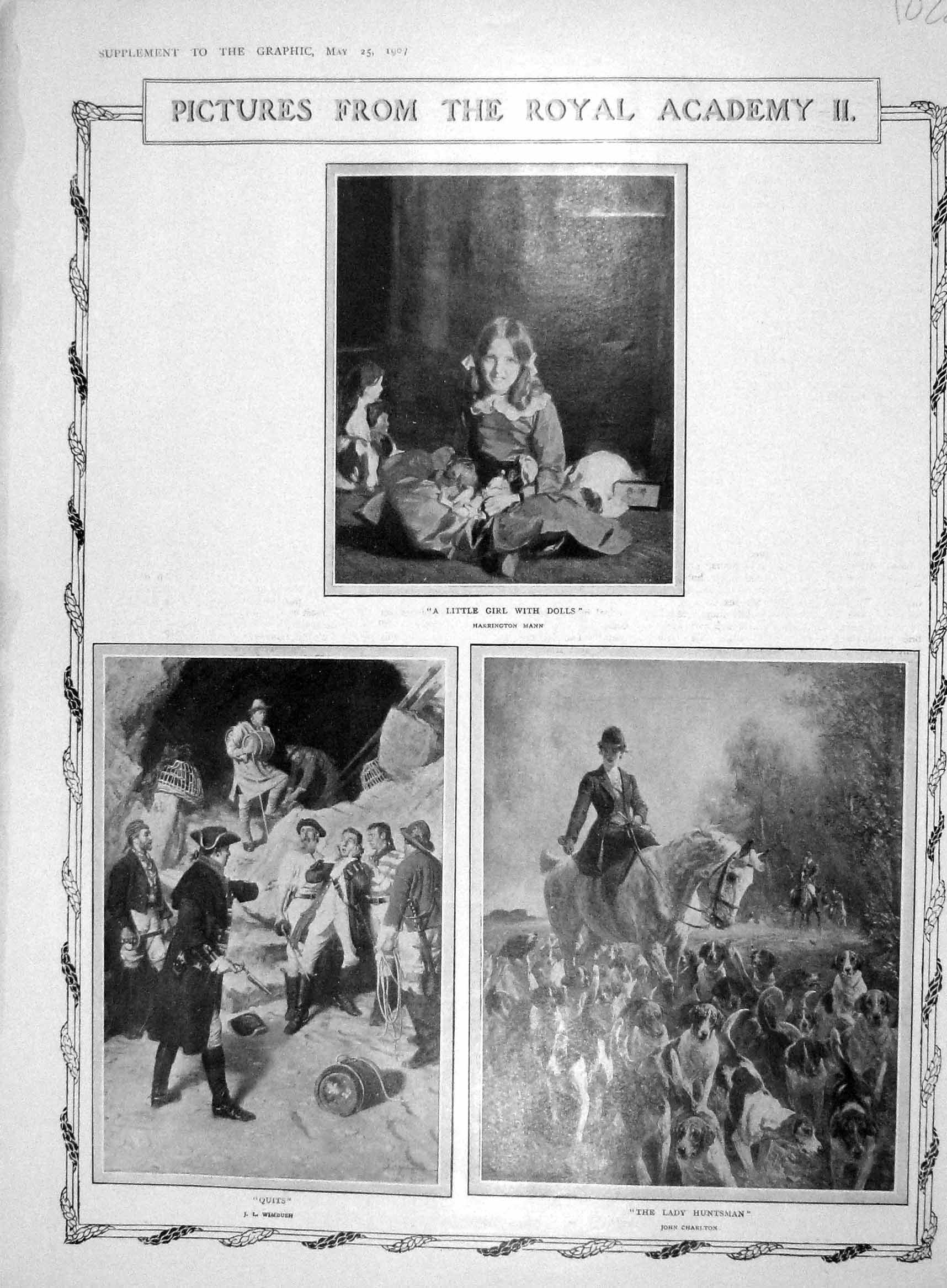 Antique Old Print 1907 Art Royal Academy Lady Huntsman Girl Dolls Dragoon 20th