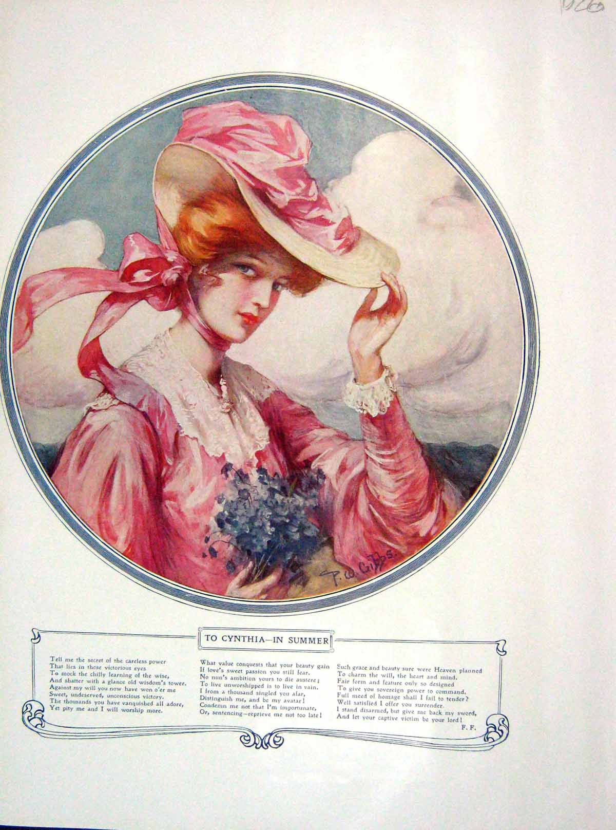 Old Antique Print 1907 Colour Portrait Woman Hat Flowers Cynthia Summer 20th