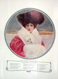 Original Old Antique Print 1907 Colour Portrait Woman Fur Scarf Rose In Winter