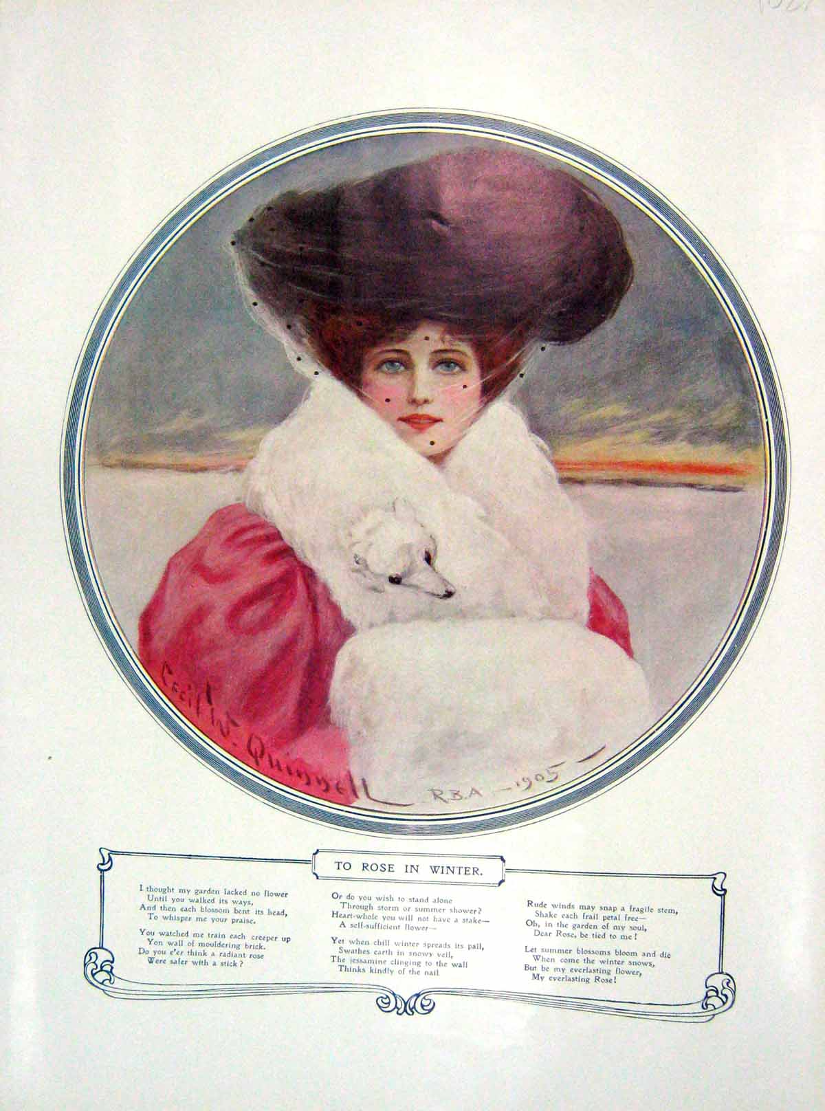 Original Old Antique Print 1907 Colour Portrait Woman Fur Scarf Rose In Winter