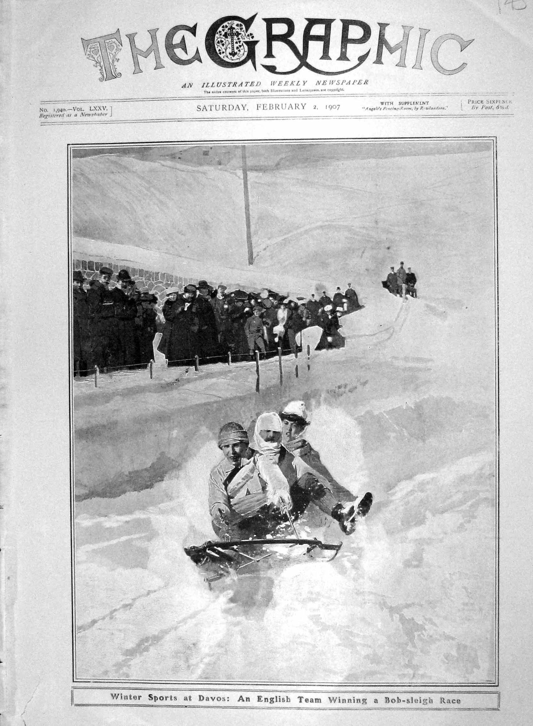 Original Old Antique Print 1907 Winter Sport Davos English Bob-Sleigh Race Team