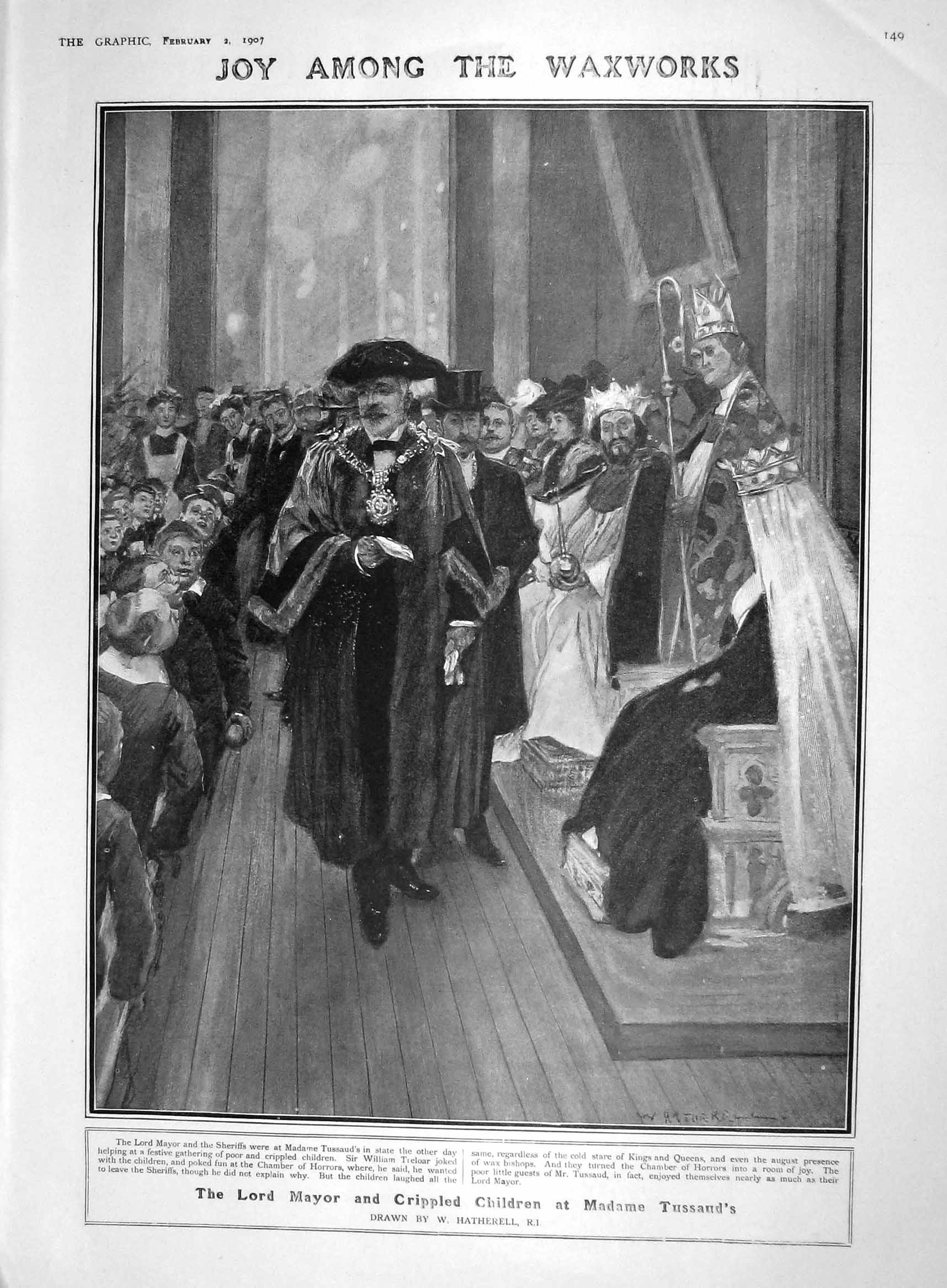 Original Old Antique Print 1907 Lord Mayor Madame Tussauds Pridgeon Ice Skating