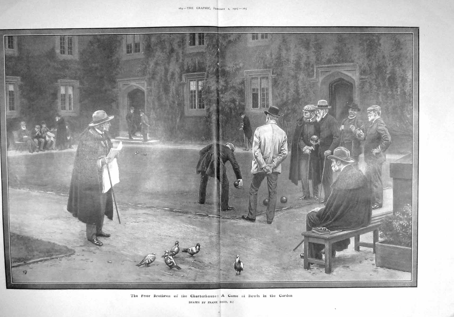 Original Old Antique Print 1907 Game Bowls Garden Brethren Charterhous 20th