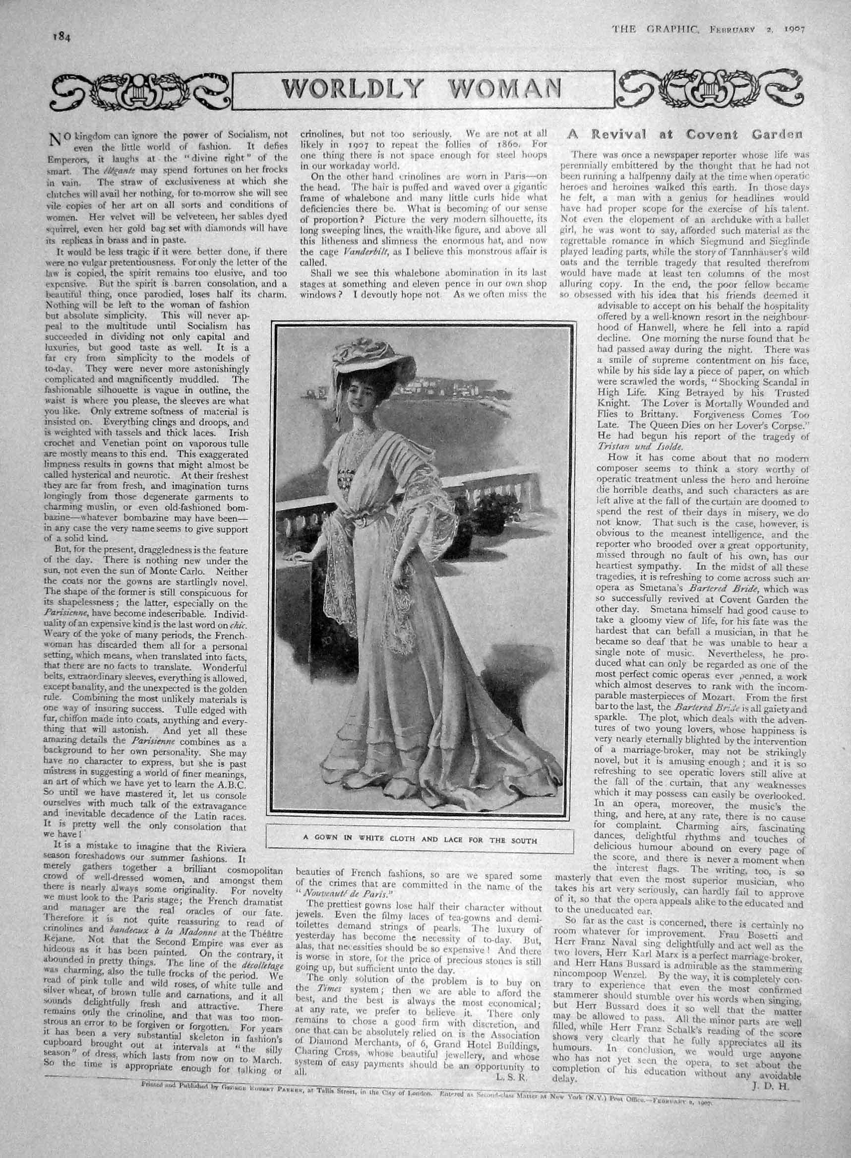 Original Old Antique Print 1907 Ladies Fashion Gown White Cloth Lace Dress 20th
