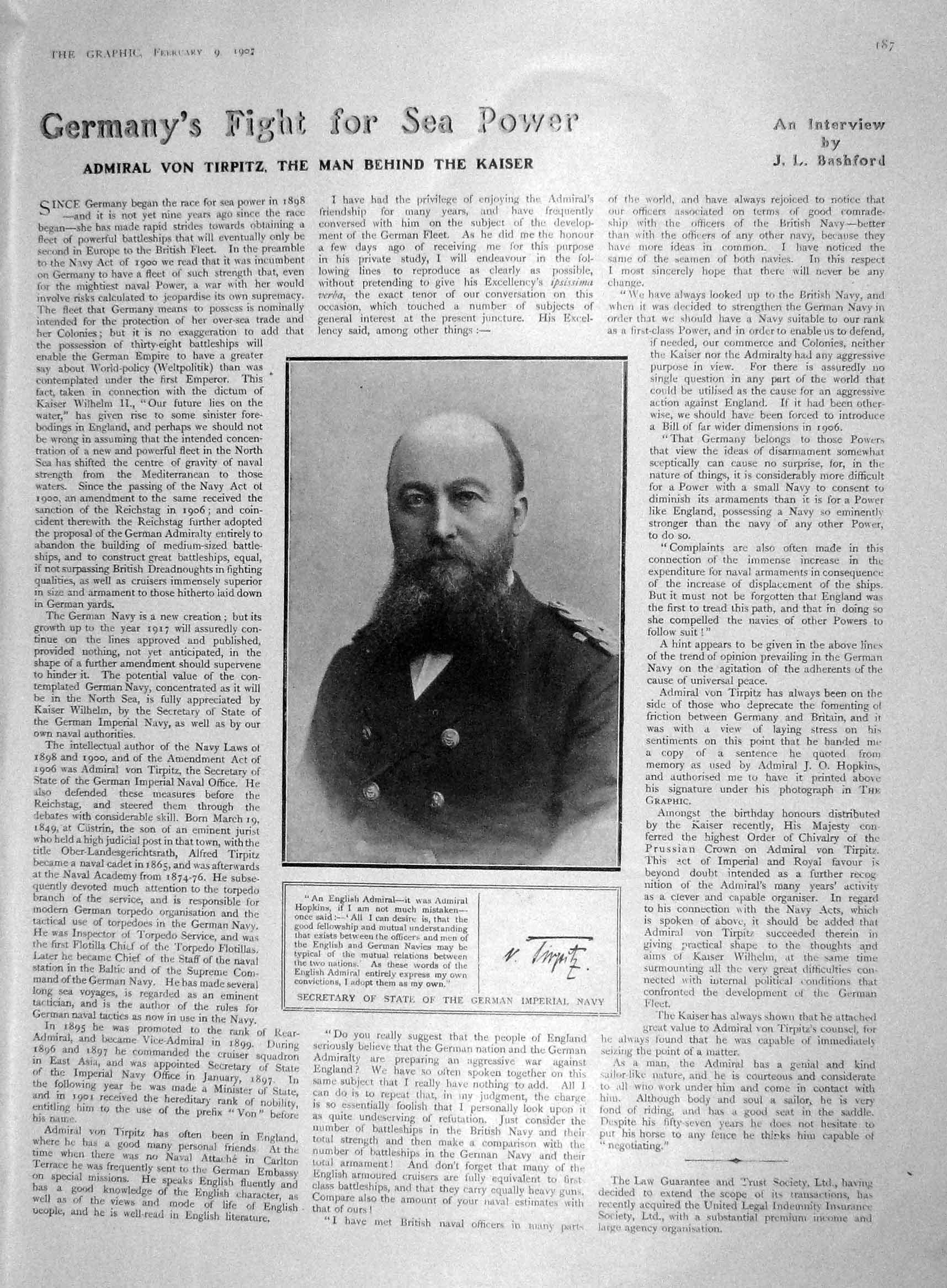 Old Antique Print 1907 Admiral Von Tirpitz Secretary State Paul'S Cross 20th