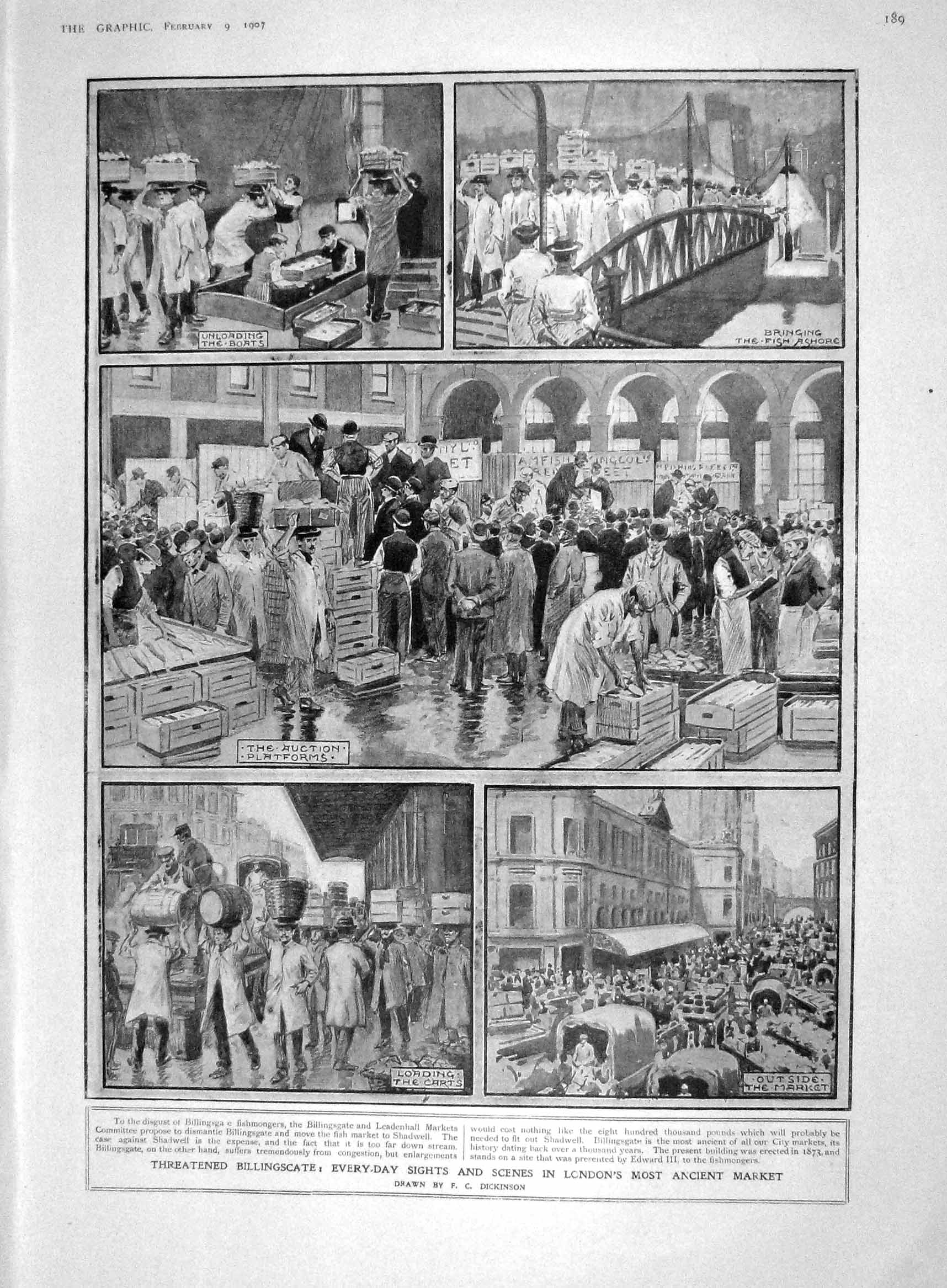 Old Antique Print 1907 Billingsgate London Fish Market Kitchener Agra War 20th