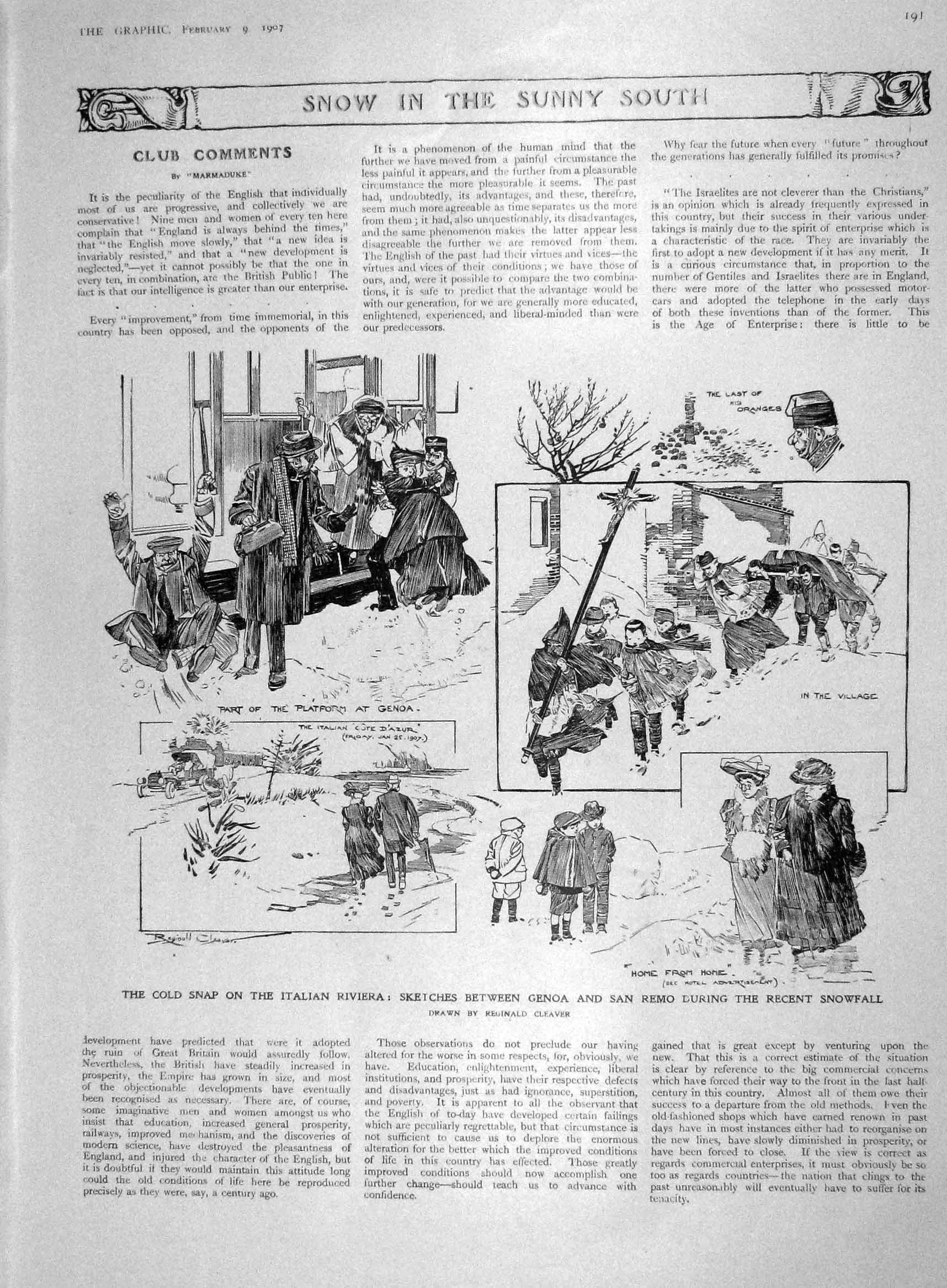 Original Old Antique Print 1907 Italian Riviera Genoa Remo Snow Lady Noel Smith