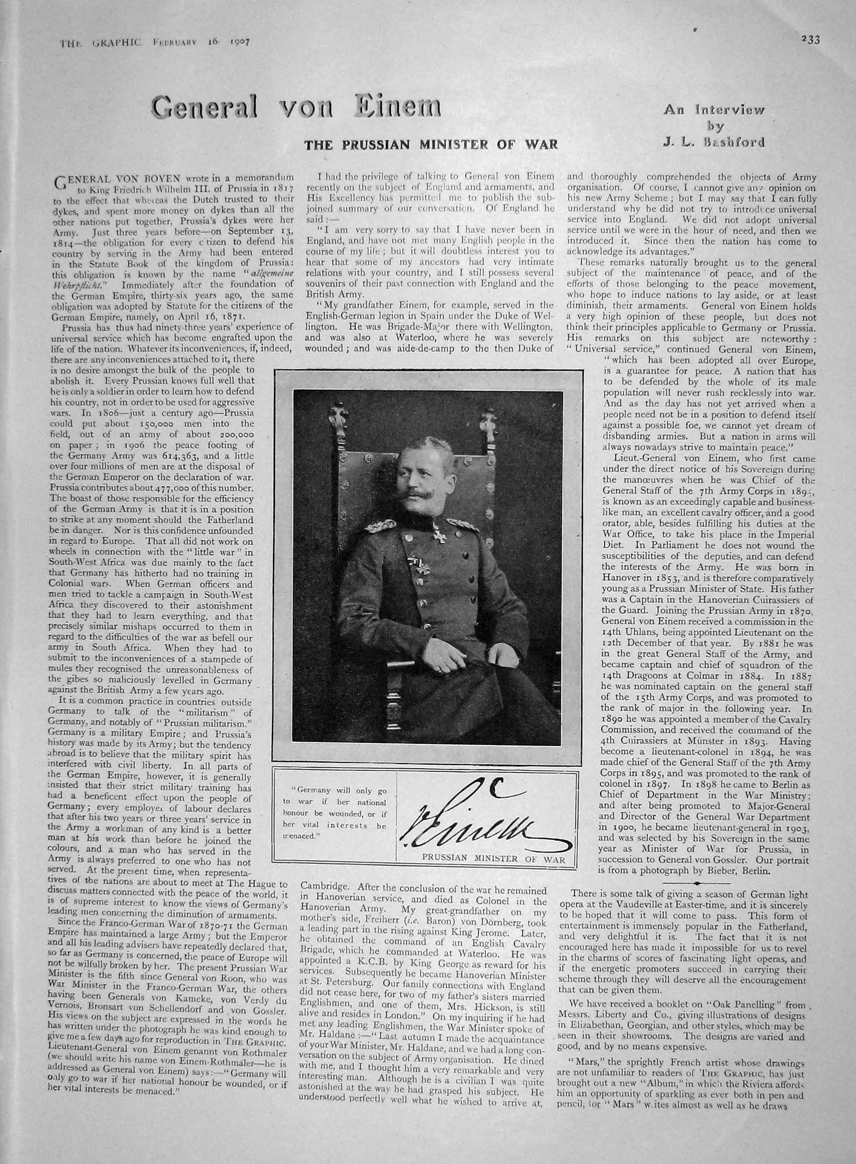 Old Antique Print 1907 Prussin Minister War Parliament Chichester Rainy 20th