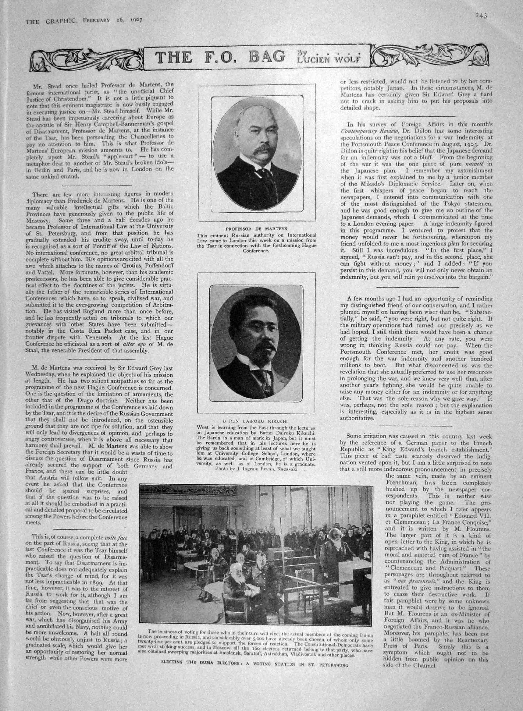 Old Antique Print 1907 Duma Vote Kikuchi Martens Ship Lighthouse Netherby 20th