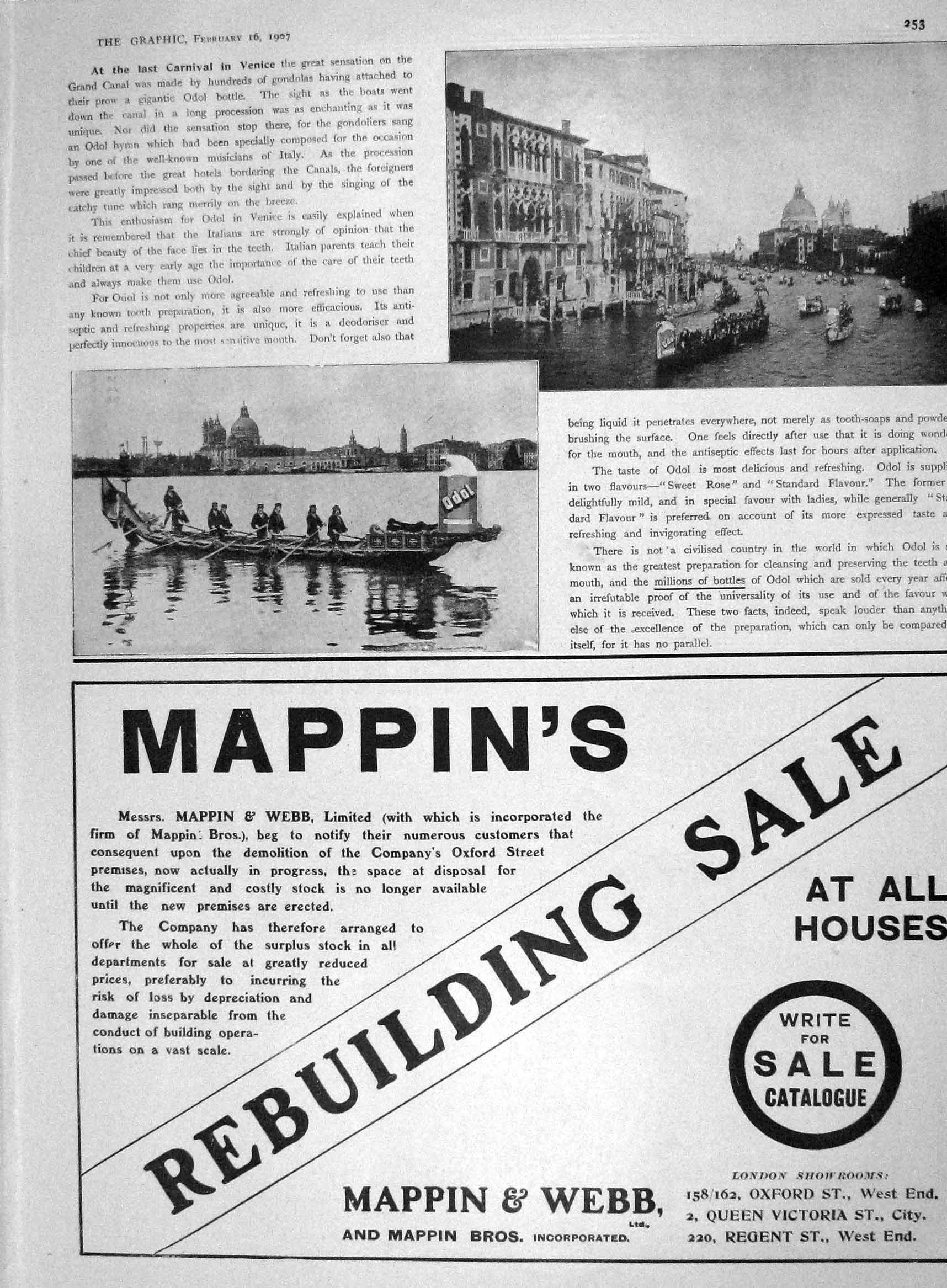 Old Antique Print 1907 Carnival Venice Canal Gondolas Mappin Webb London 20th