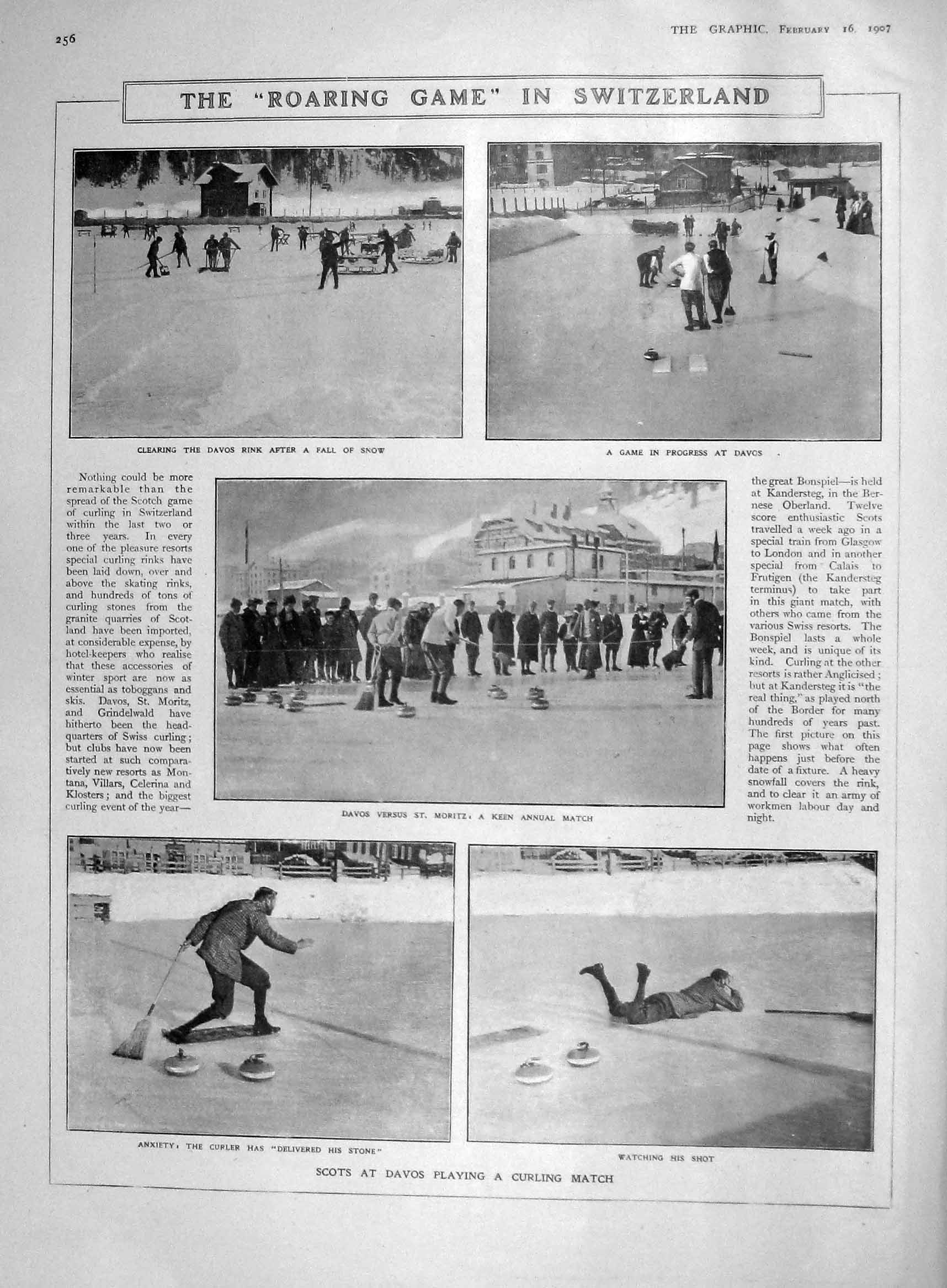 Original Old Antique Print 1907 Curling Scots Davos Moritz China Shangha 20th