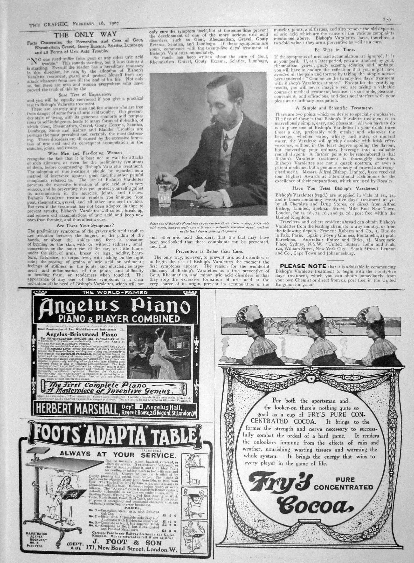 Original Old Antique Print 1907 Bishop Varalettes Man Drink Fry'S Cocoa Piano