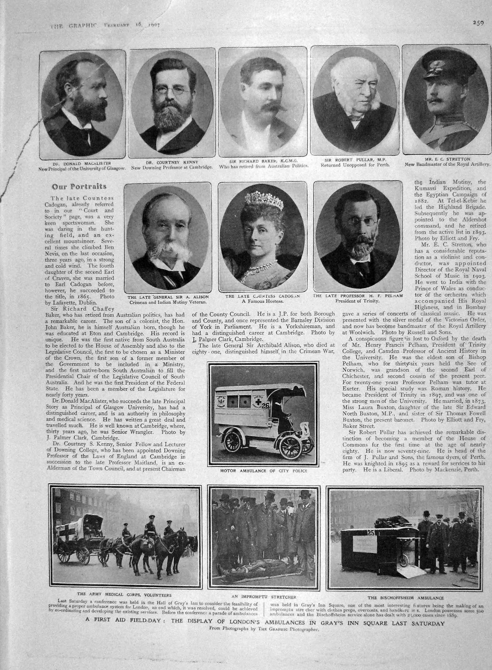 Old Antique Print 1907 London Ambulance Police Alison Baker Prince Story 20th