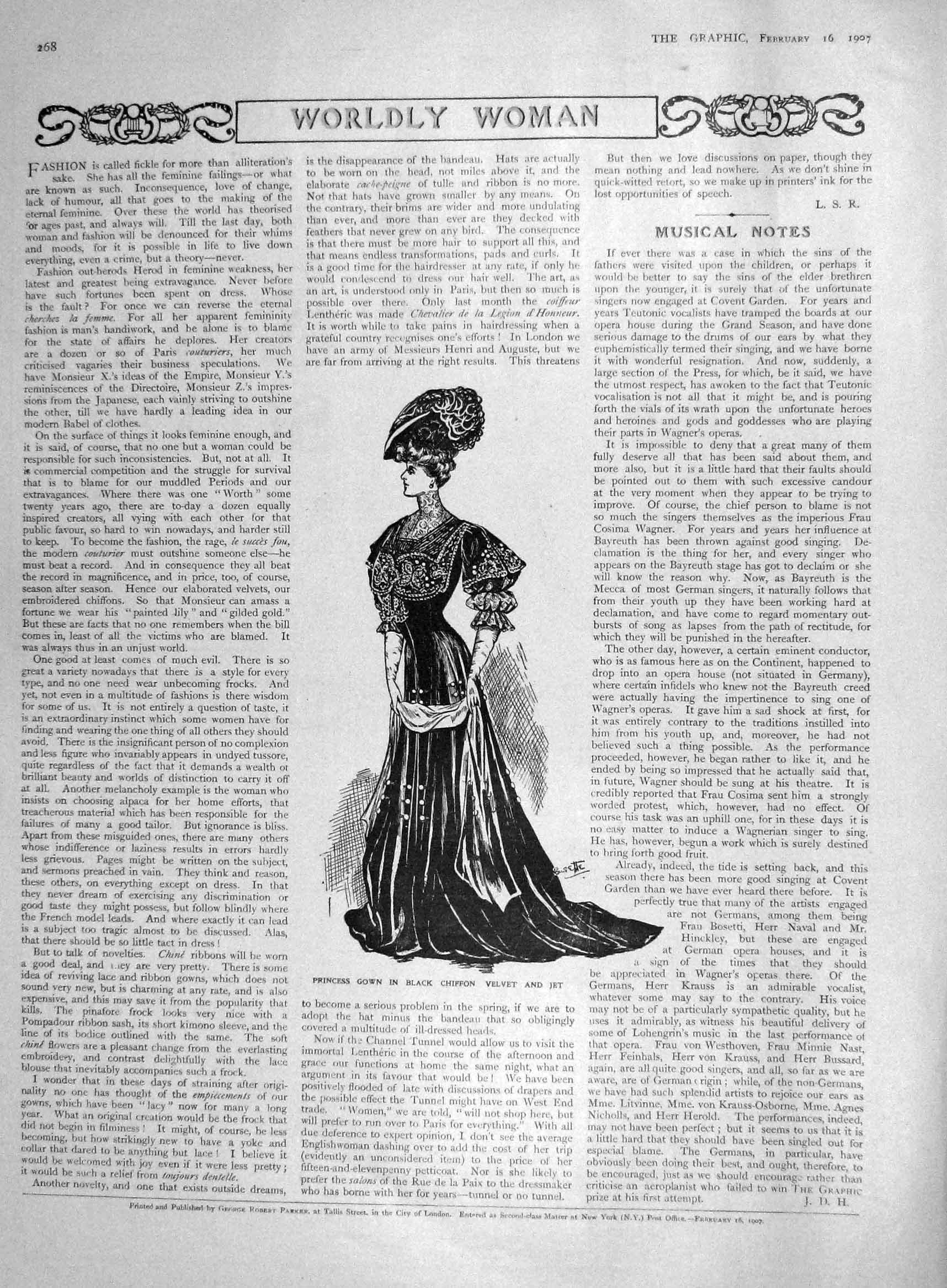 Original Old Antique Print 1907 Princess Gown Black Chiffon Velvet Jet Fashion