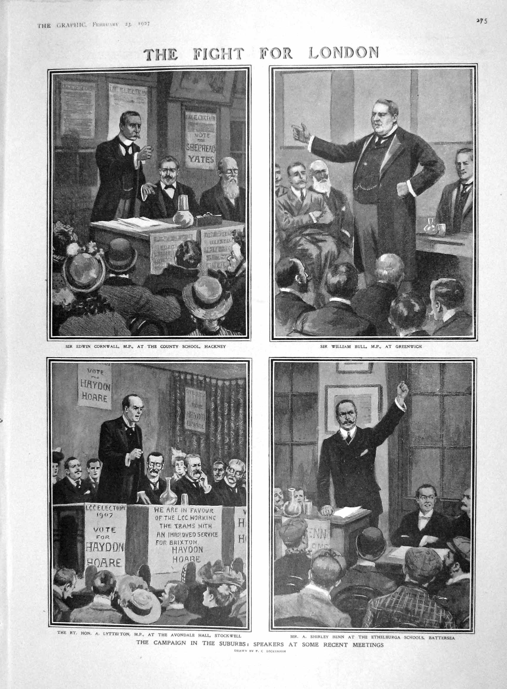 Original Old Antique Print 1907 London Cornwall Bull Benn Lyttelton Suffragists
