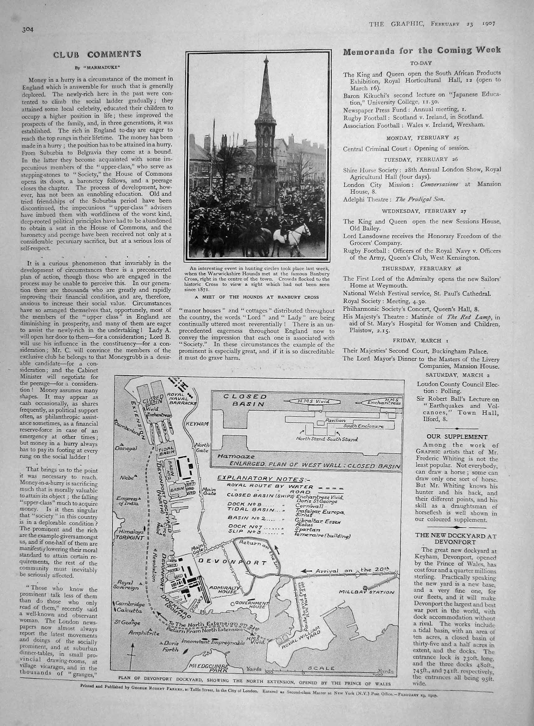Old Antique Print 1907 Hunting Hounds Meet Banbury Cross Plan Devonport 20th