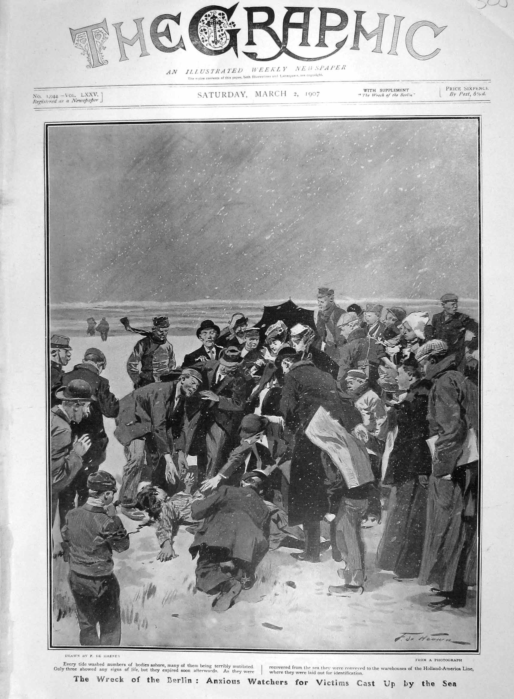 Original Old Antique Print 1907 Ship Wreck Berlin Holland-American Dead 20th